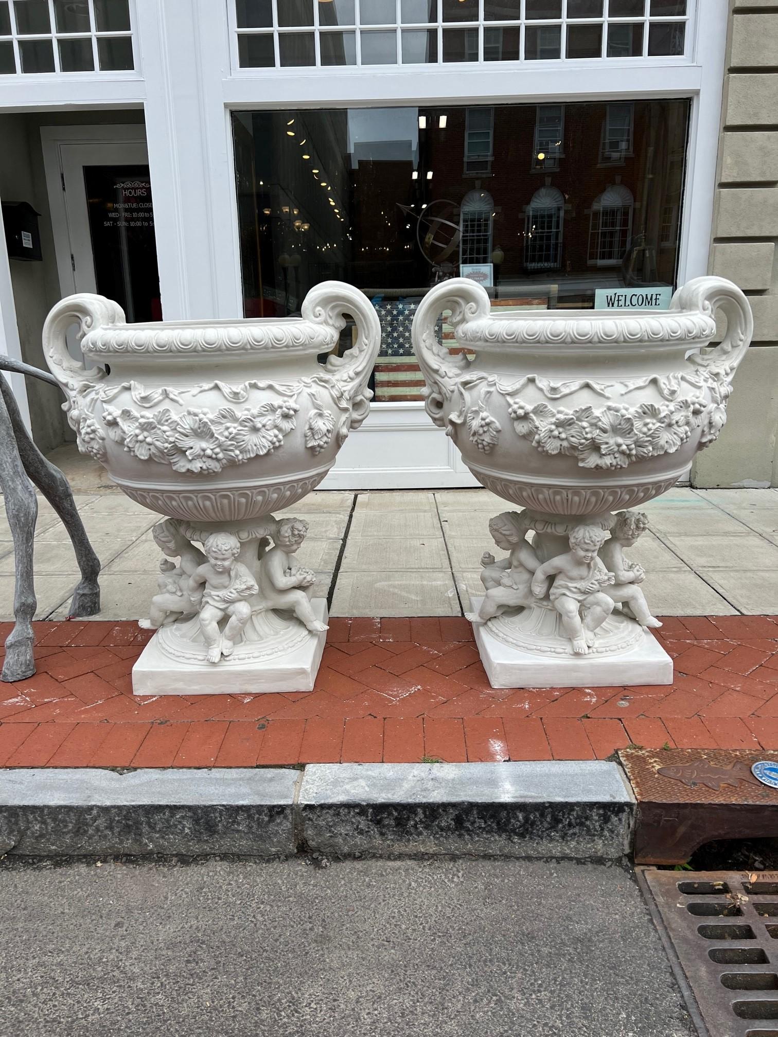 Reproduction White Fiberglass Urn with Large Handles Grape Vines and Cherubs   For Sale 1