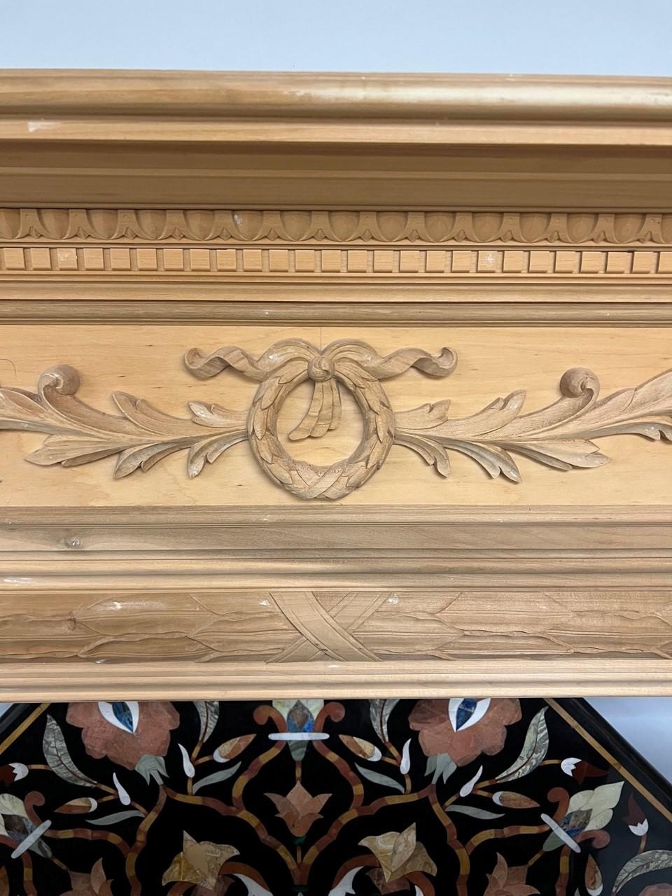 Reproduction Wood Fireplace Mantel with Carved Wood Wreath Center Large Opening For Sale 5