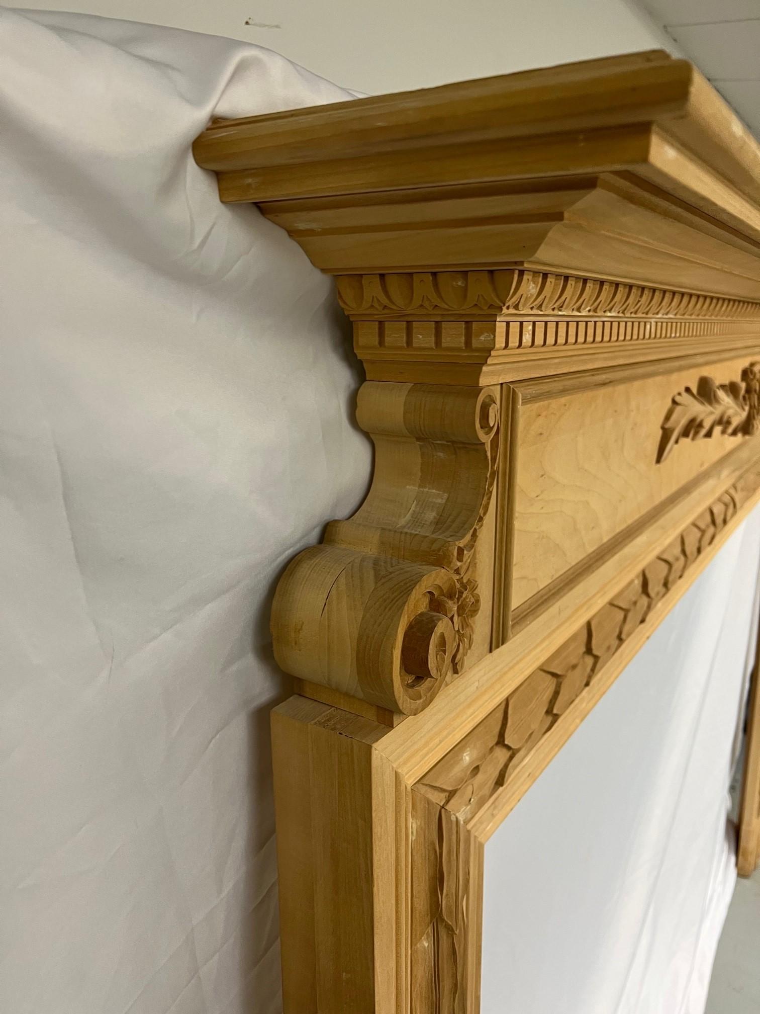 Reproduction Wood Fireplace Mantel with Carved Wood Wreath Center Large Opening In Good Condition For Sale In Stamford, CT