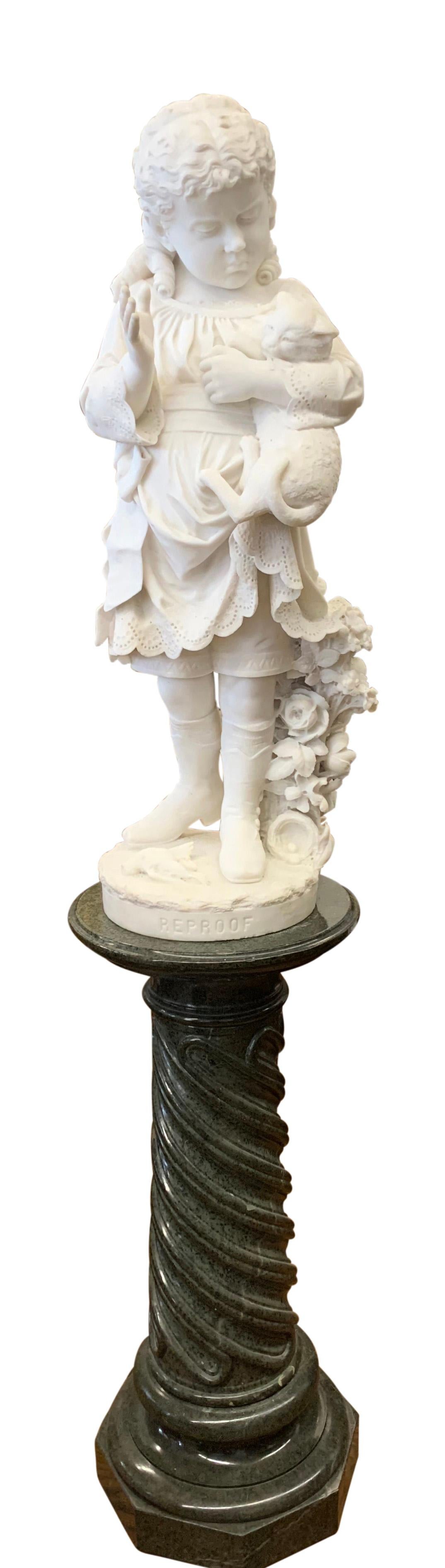 This enchanting museum quality Carrara marble group is the work of Edward Russell Thaxter (born Yarmouth, ME 1857-died Naples, Italy 1881). 

The sculpture depicts a young girl sternly scolds her cat, who has just attacked a bird's nest. She