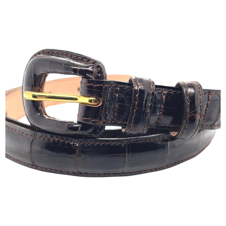 Reptile\'s House Dark Brown Shiny Leather Slim Belt Gold Tone Leather Belts: Buy the New Collections main image 3