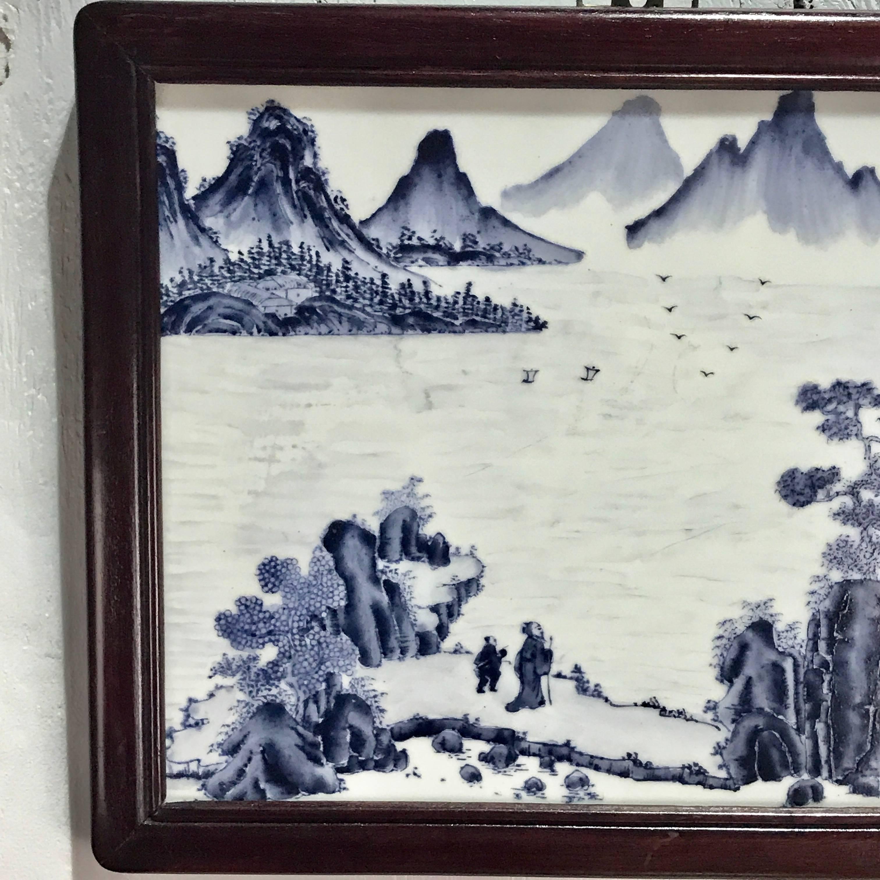 Republic Blue & White Chinese Export Porcelain Framed Plaque, finely painted landscape reserves in a brass mounted hardwood frame. The porcelain plaque measures 14.75
