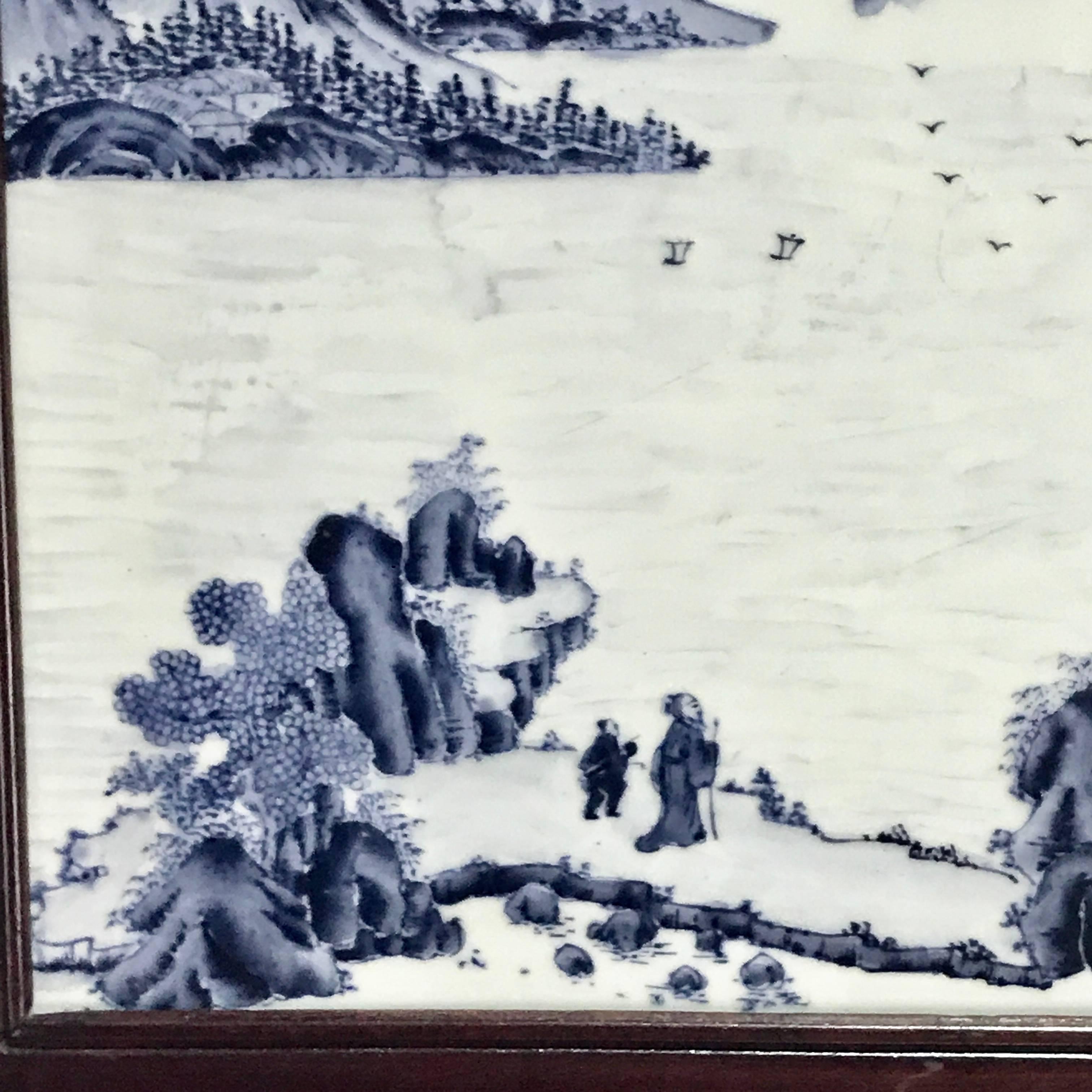 20th Century Republic Blue and White Chinese Export Porcelain Framed Plaque 