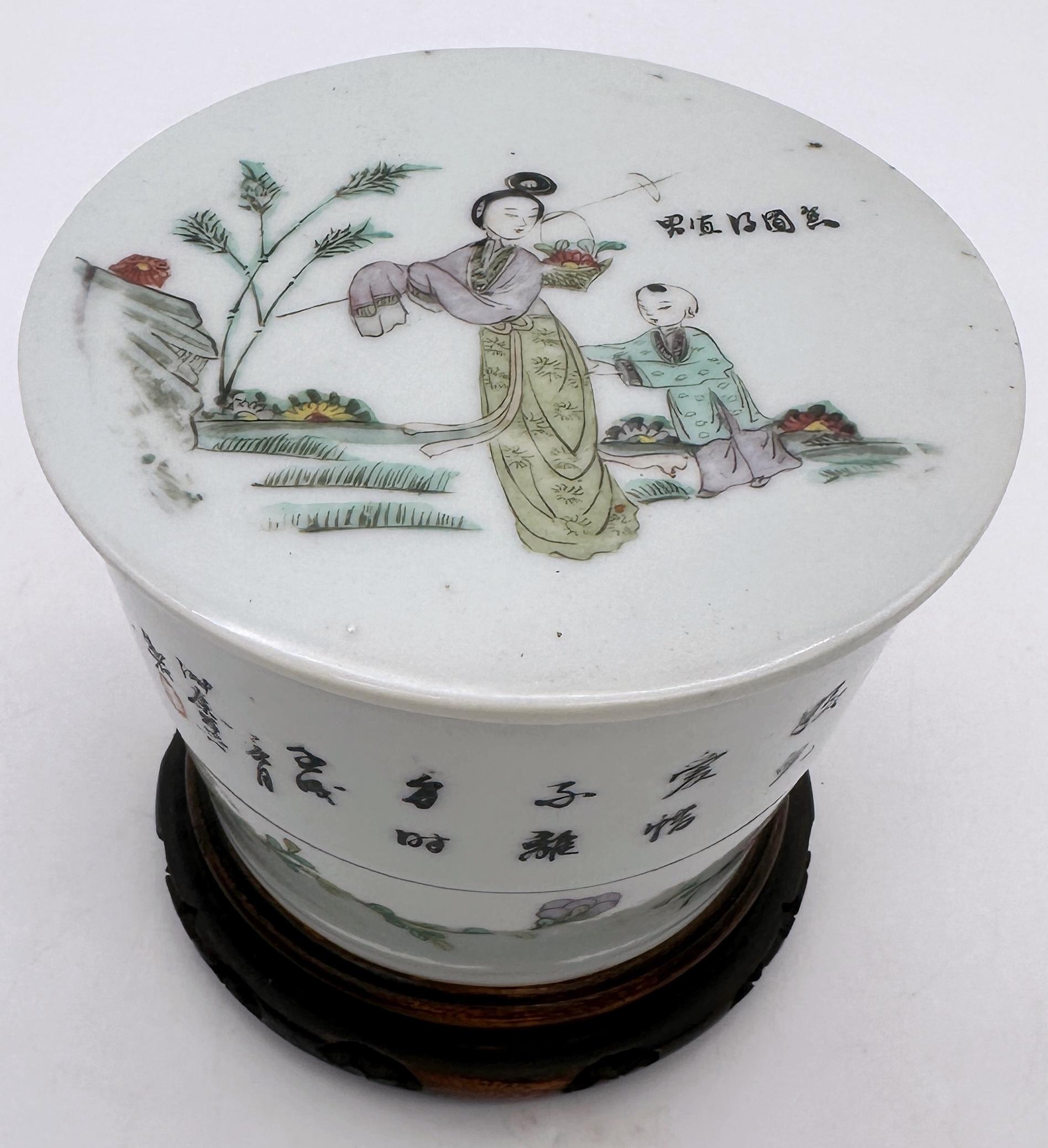 Republic Period Chinese Famille Rose Porcelain Covered Jar with Calligraphy & Figural Scene
China, Circa 1920–1940
Dimensions: 4.5