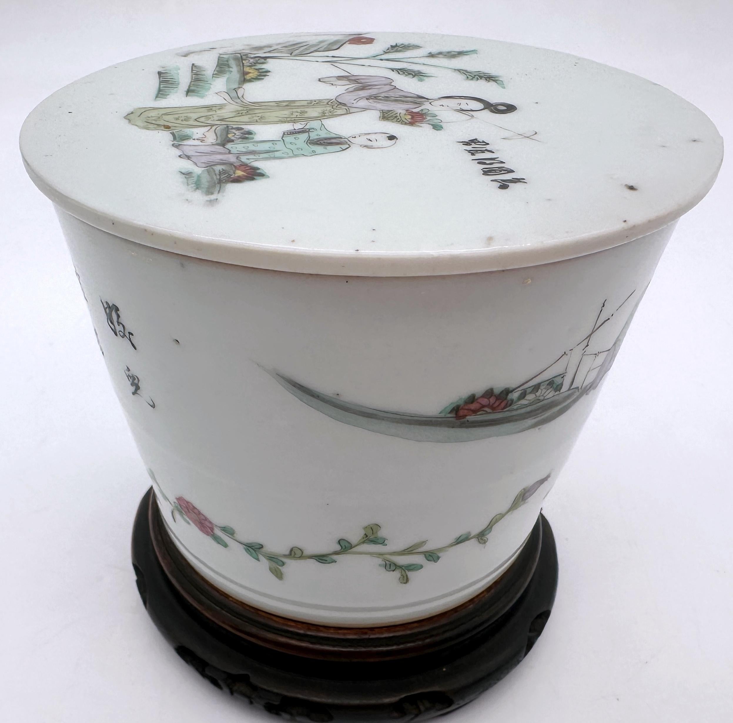 Hand-Painted Republic Chinese Famille Rose Porcelain Covered Jar,  with Calligraphy & Figures For Sale