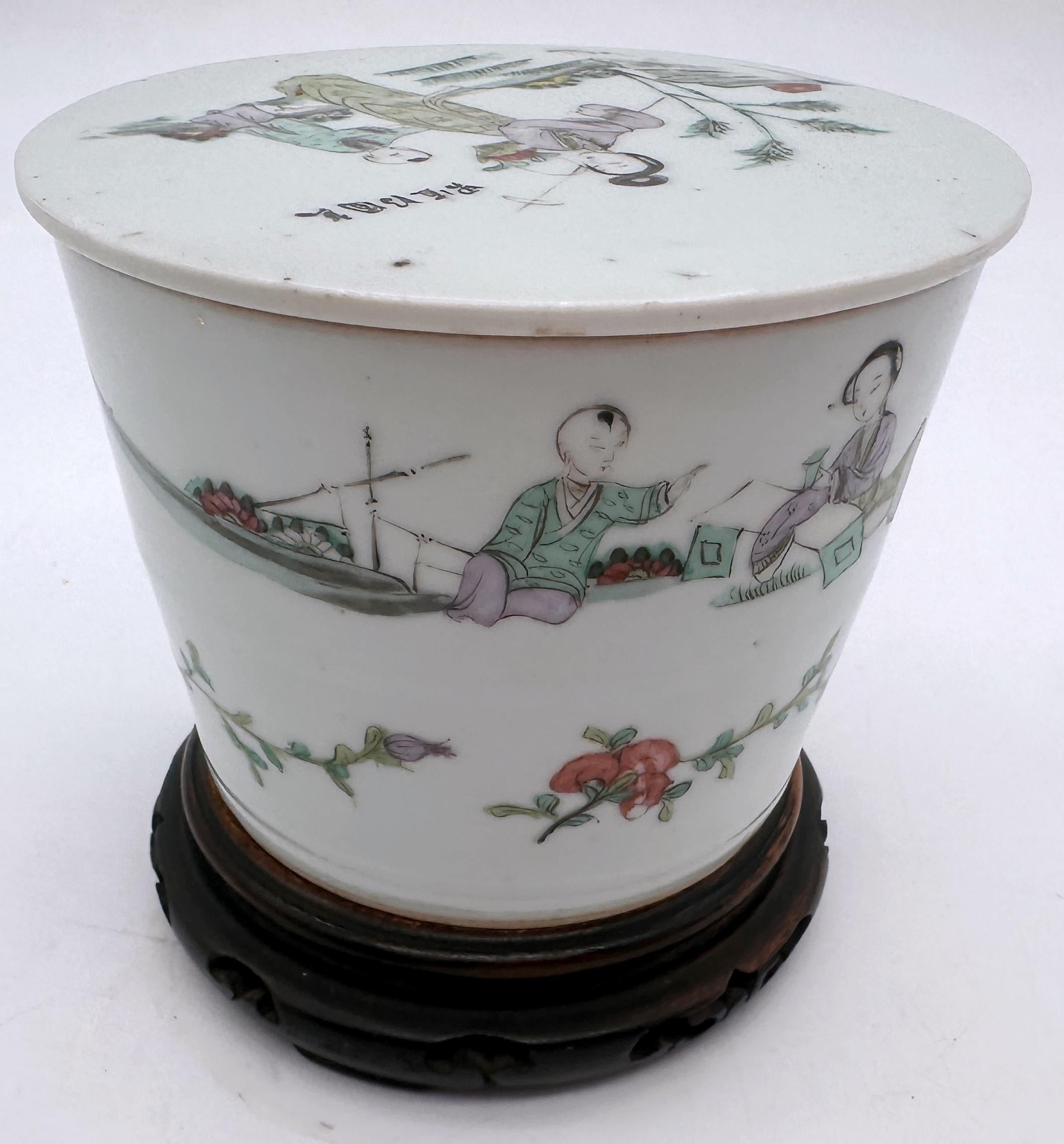 Republic Chinese Famille Rose Porcelain Covered Jar,  with Calligraphy & Figures In Good Condition For Sale In West Palm Beach, FL