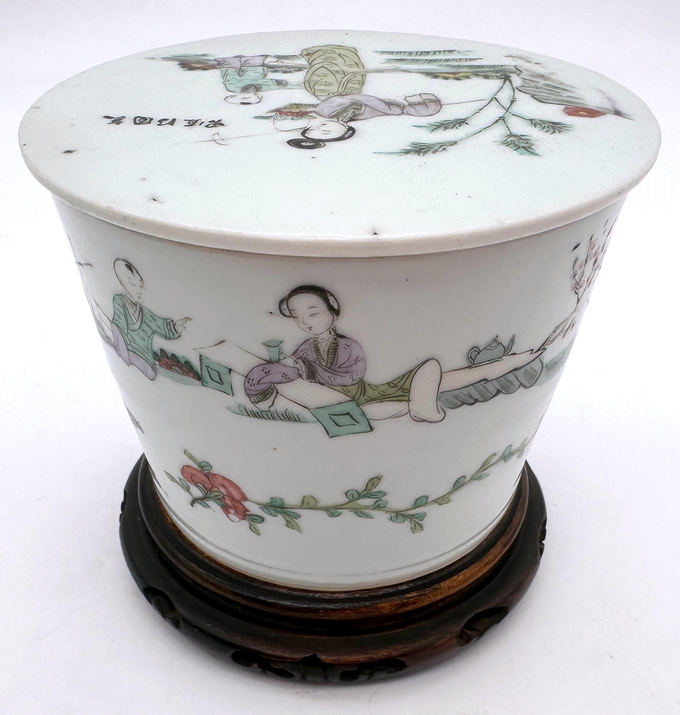 20th Century Republic Chinese Famille Rose Porcelain Covered Jar,  with Calligraphy & Figures For Sale