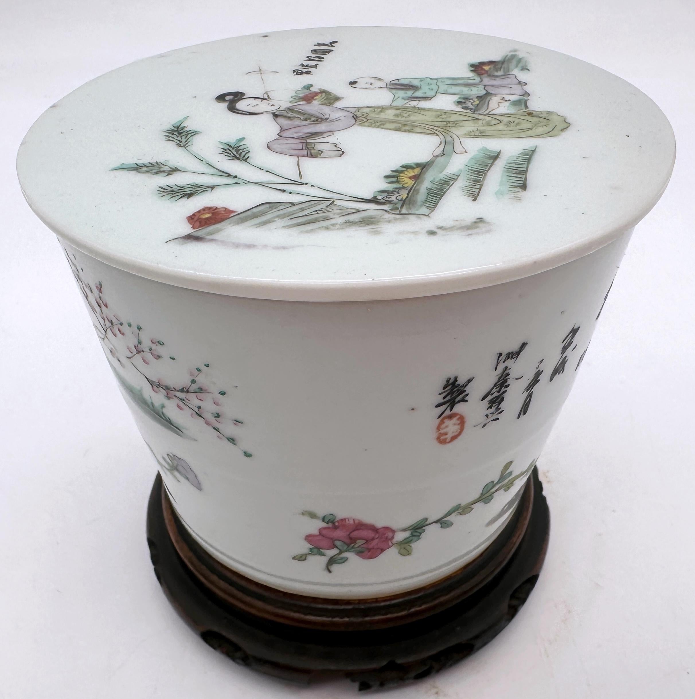 Republic Chinese Famille Rose Porcelain Covered Jar,  with Calligraphy & Figures For Sale 1