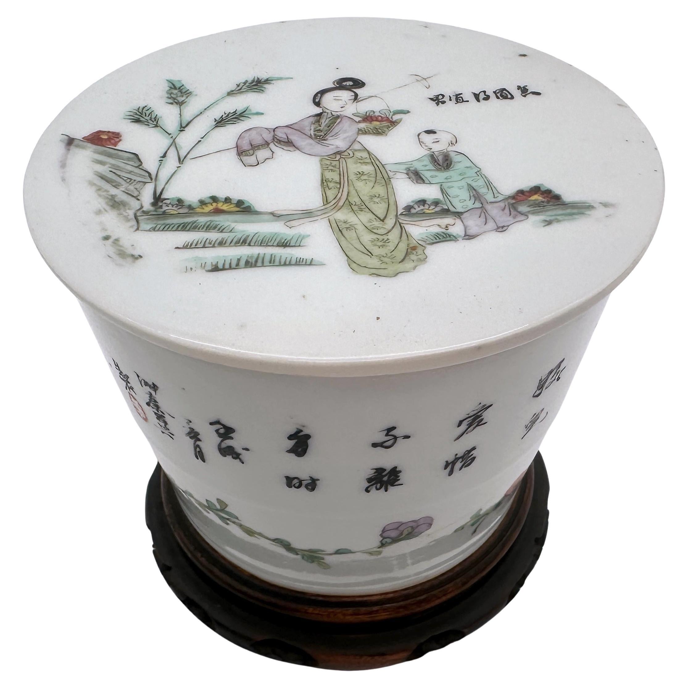 Republic Chinese Famille Rose Porcelain Covered Jar,  with Calligraphy & Figures For Sale