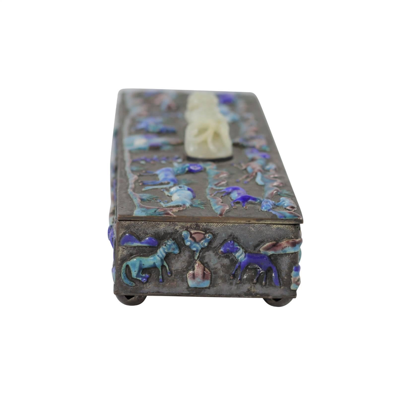 Republic Era Chinese Bronze Box with Jade and Enamel Detail For Sale 1