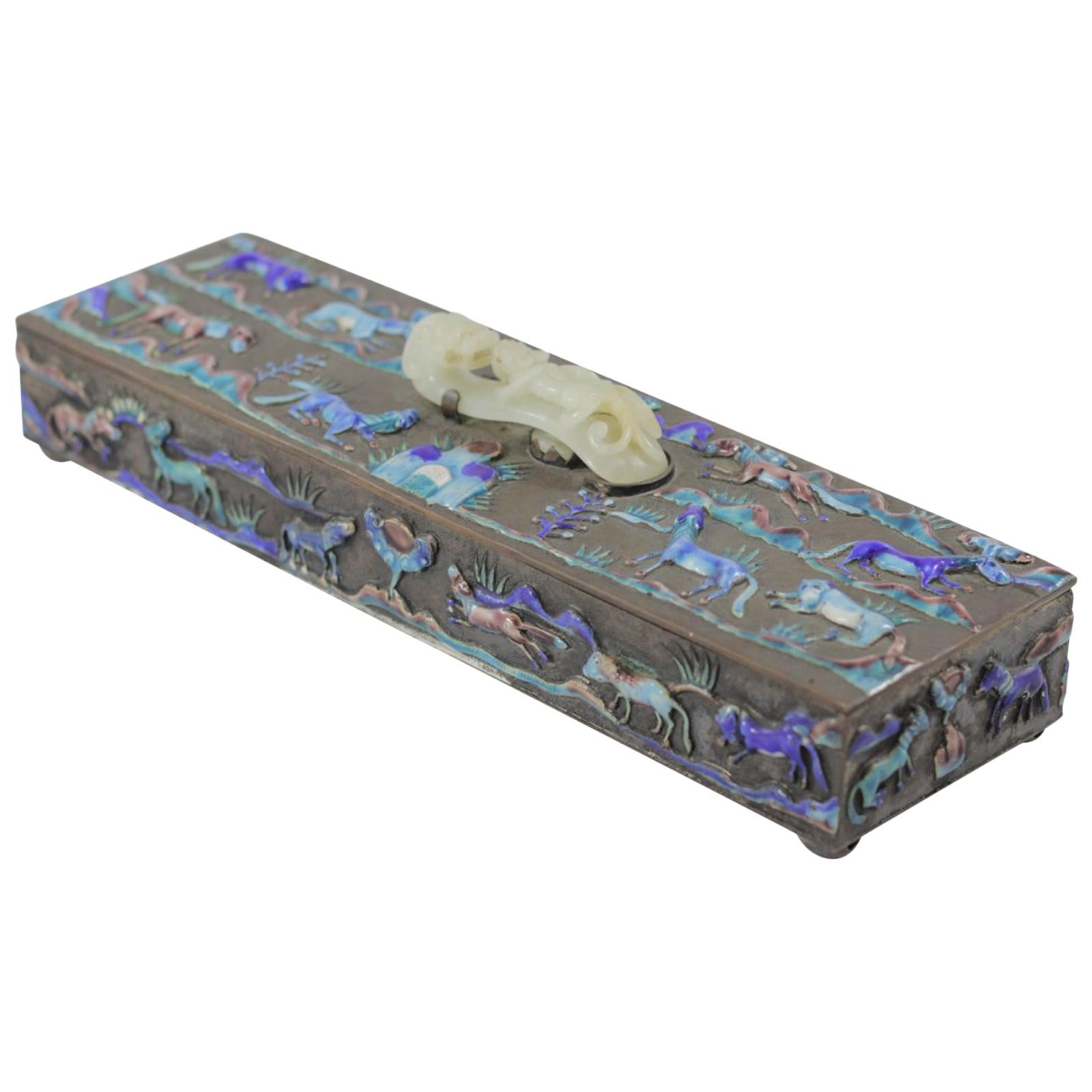 Republic Era Chinese Bronze Box with Jade and Enamel Detail For Sale