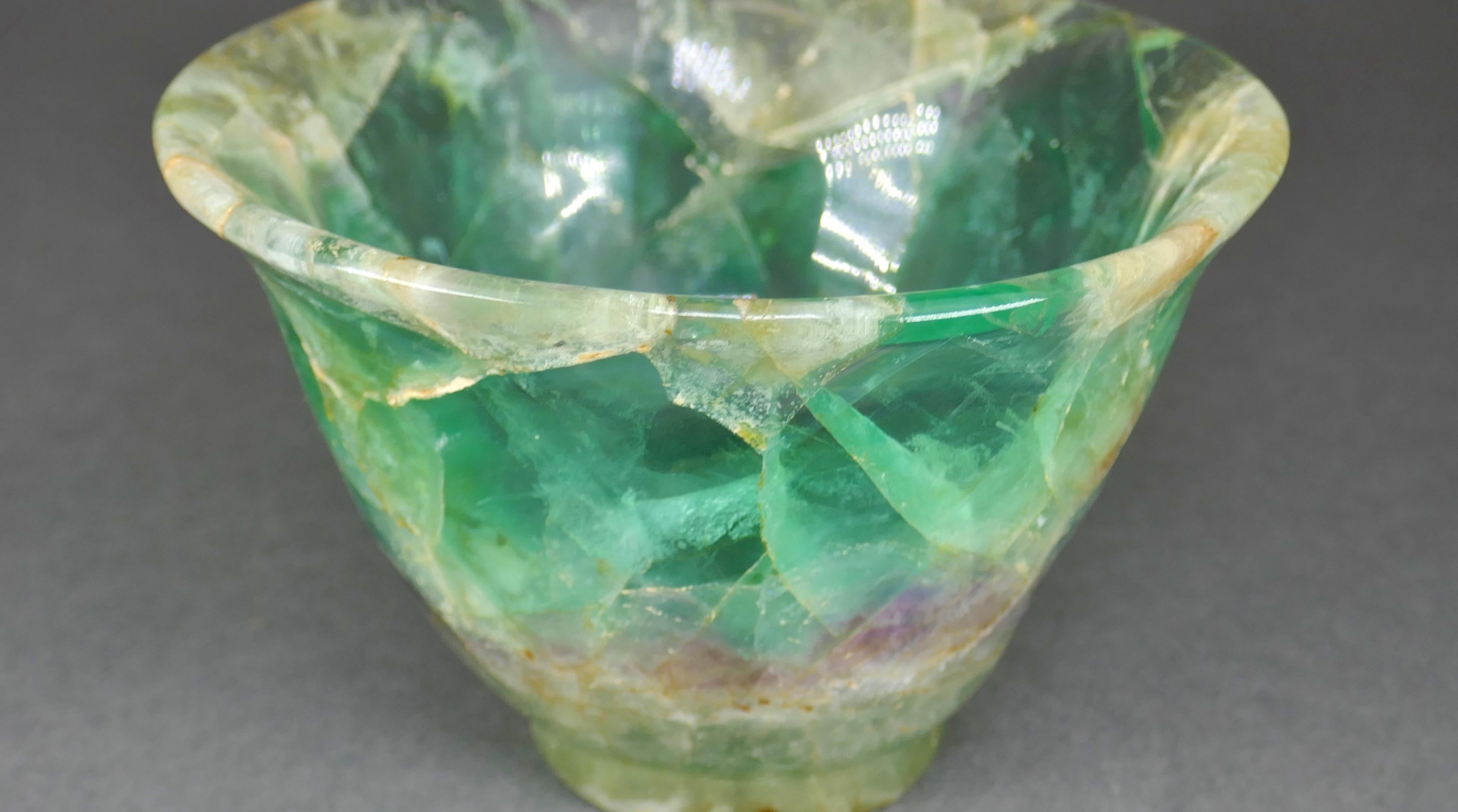 Fine Antique Chinese Carved Fluorite Libation Cup. Beautiful natural striations through the piece with vibrant colors photographed under light. No chips or unnatural cracks. 