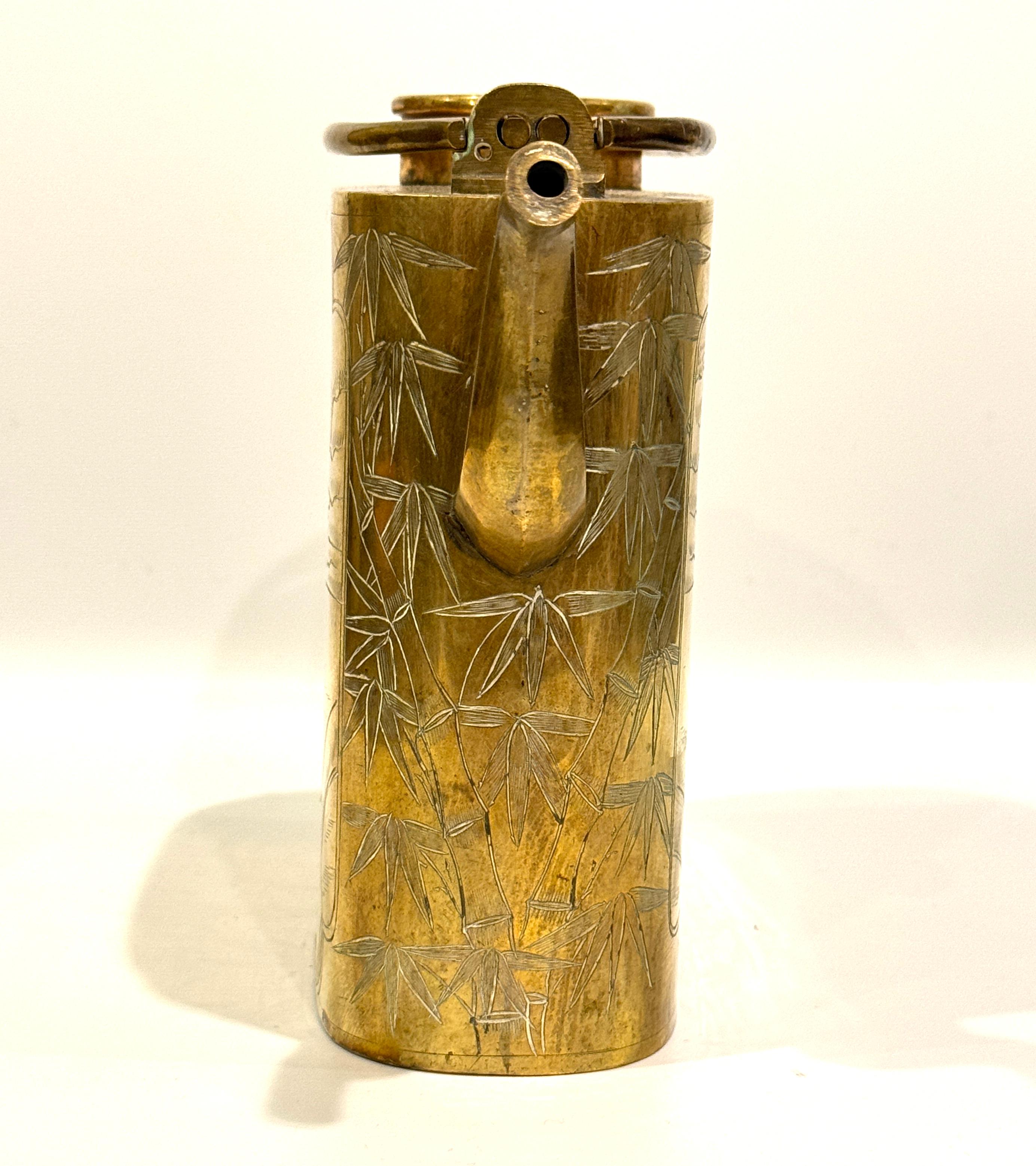 20th Century Republic Period Chinese Export Brass Teapot with Engraved Decoration For Sale