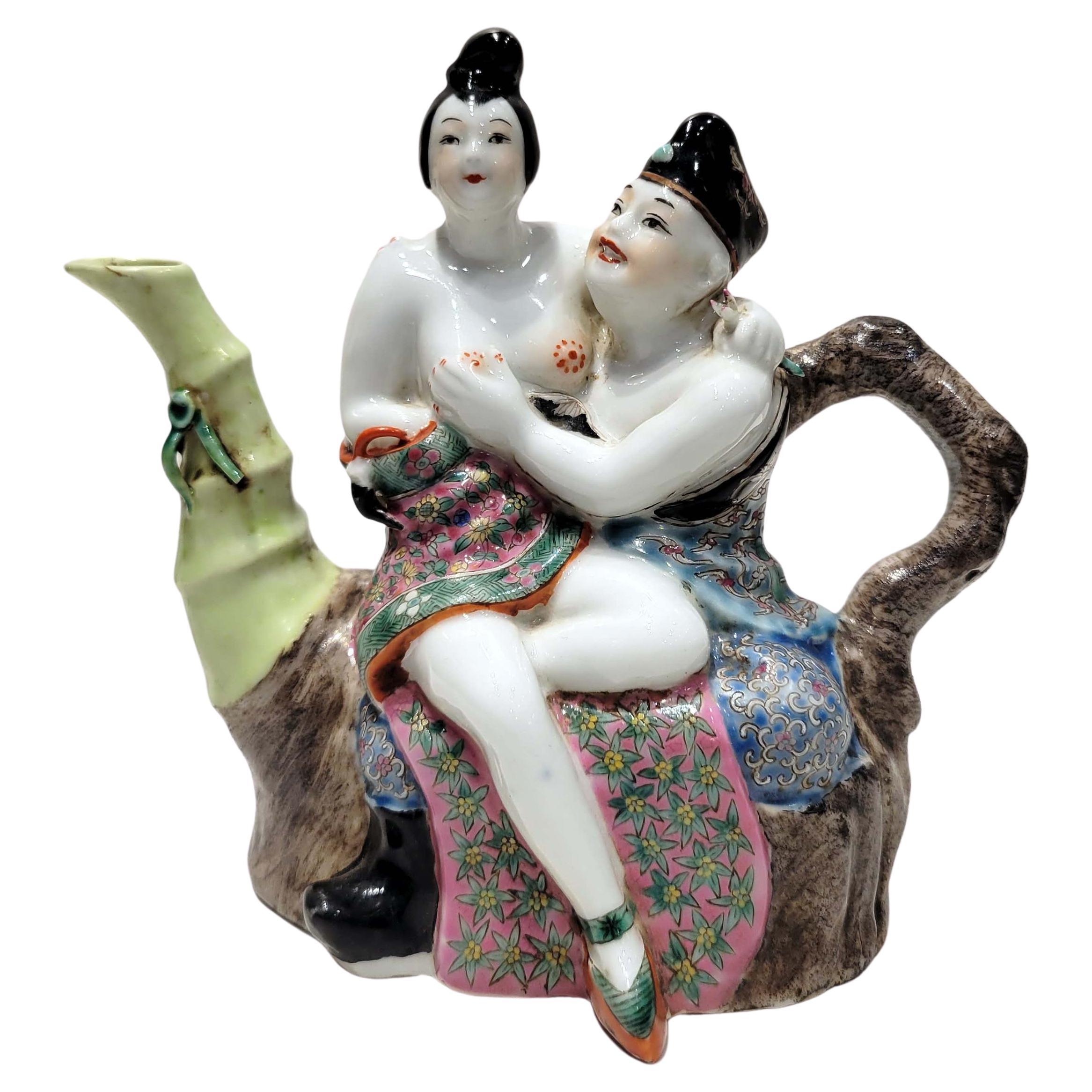 Republic Period Chinese Export Porcelain Wine Ewer, Erotic For Sale