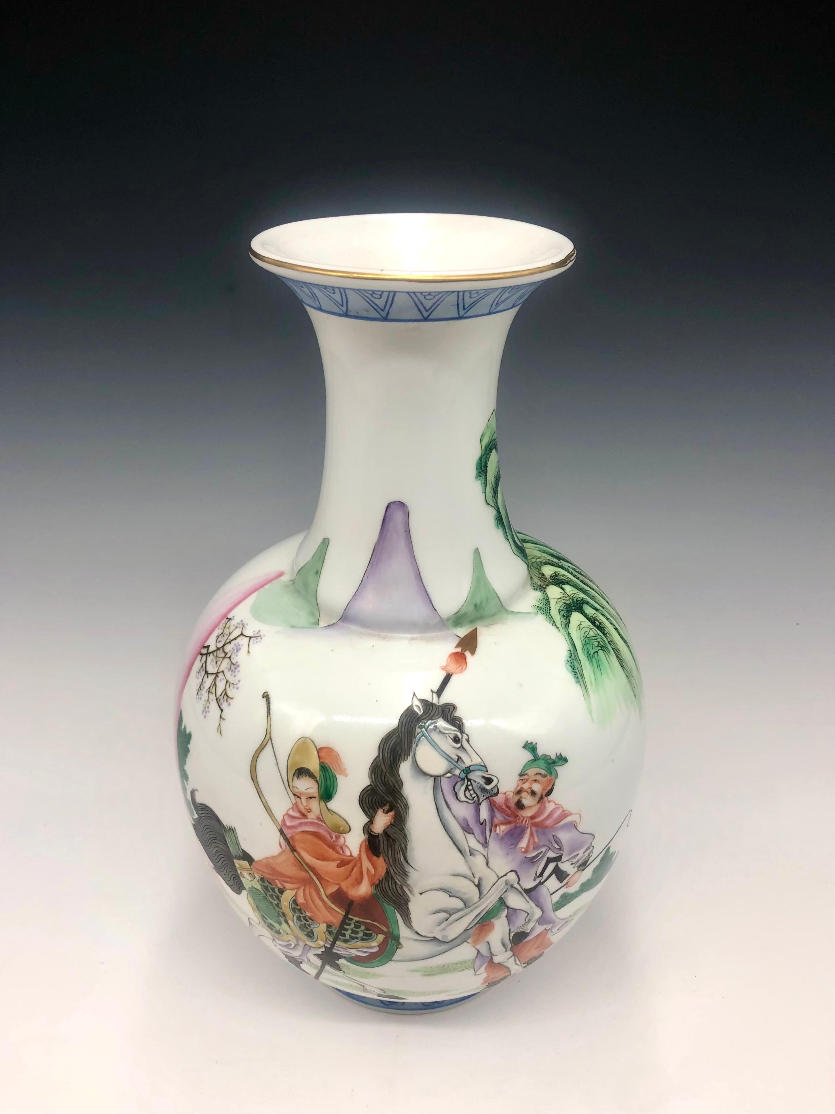 Jarrón chino de porcelana rosa familiar del periodo de la República con escena poética de guerreros Exportación china en venta