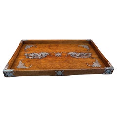 Republic Period Rosewood and Pewter Chinese Dragon / Bat Motif Serving Tray
