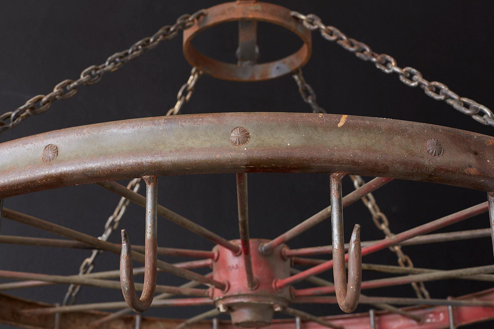 Repurposed American LaFrance Iron Wagon Wheel Pot Rack 3