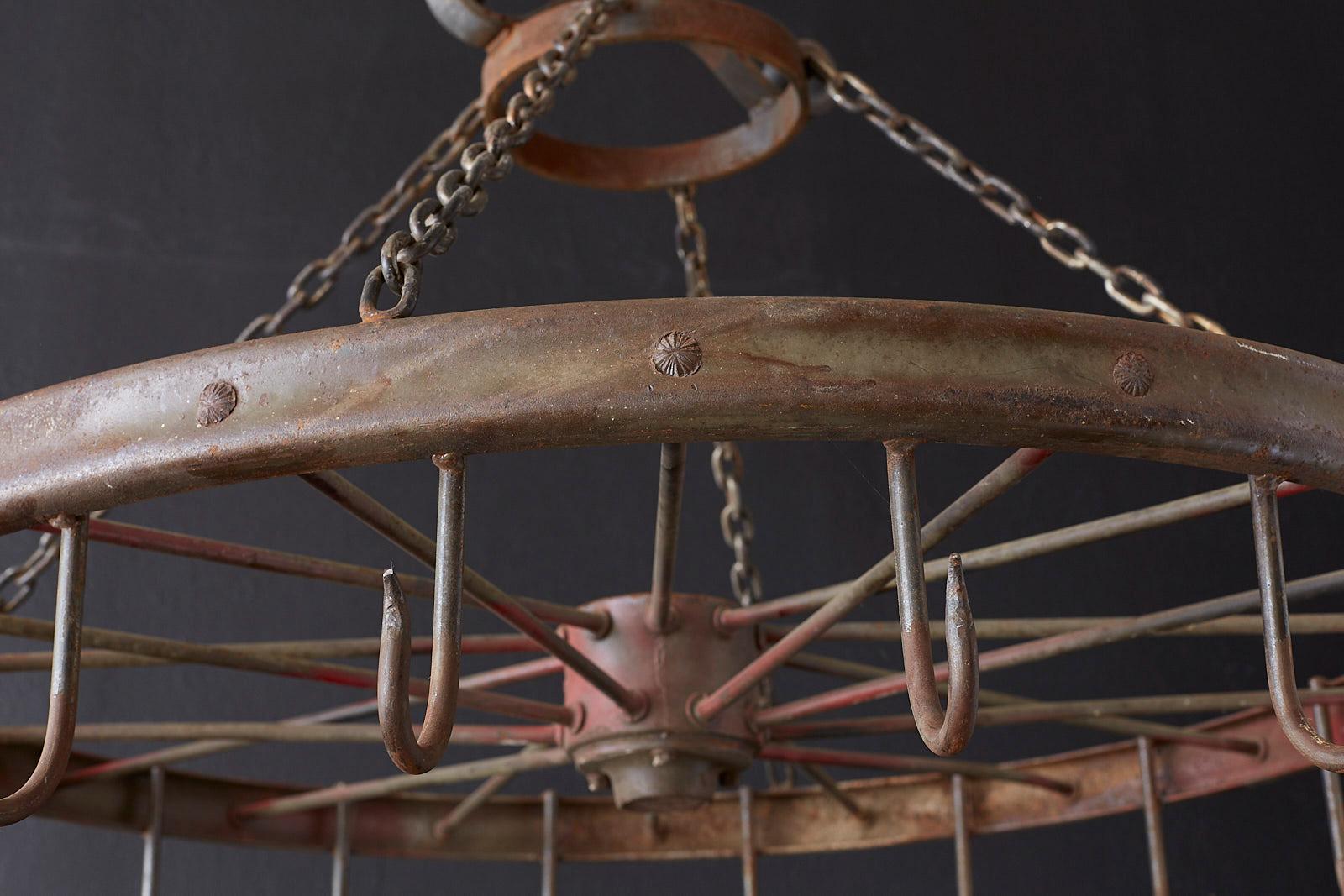 Hand-Crafted Repurposed American LaFrance Iron Wagon Wheel Pot Rack