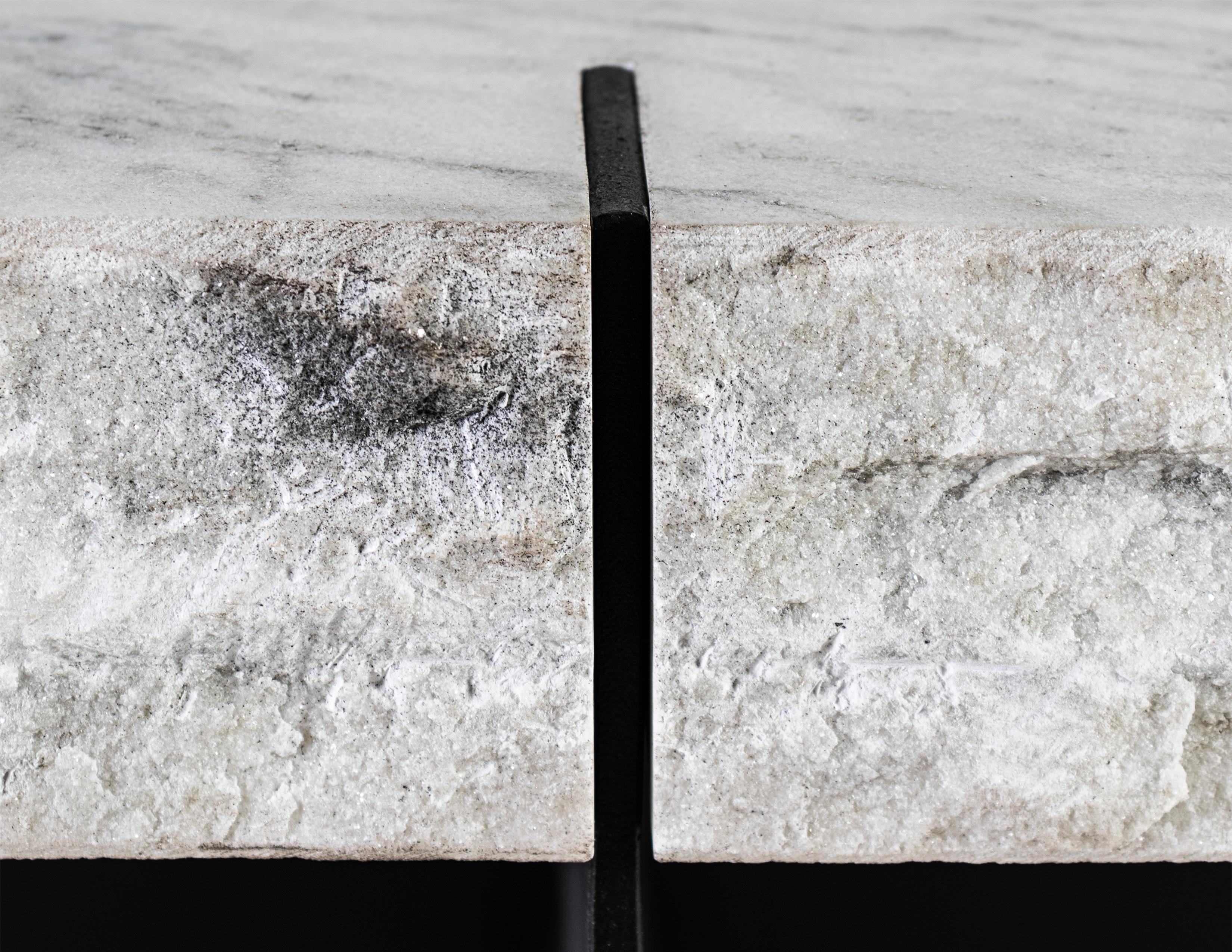 Repurposed Carrara Marble Slab on Blackened Steel Mount In Good Condition In Dallas, TX