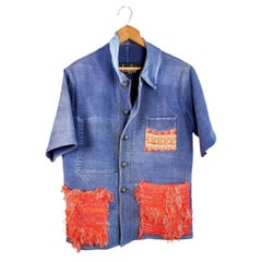 Repurposed French Work Short Sleeve Jacket Blue Orange Tweed Medium J Dauphin