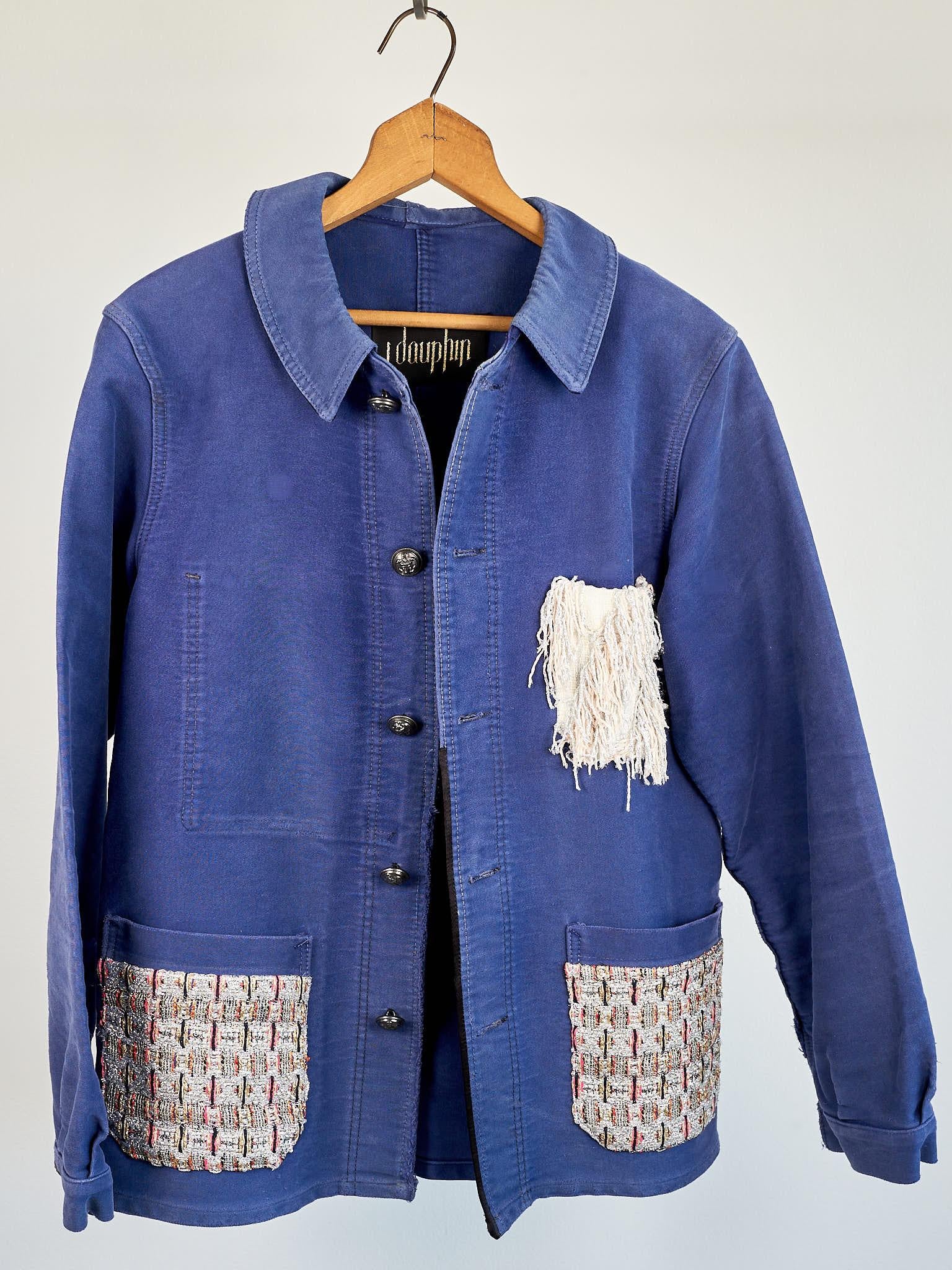 Repurposed Vintage Jacket Embellished French Work Blue Tweed J Dauphin Medium In New Condition In Los Angeles, CA