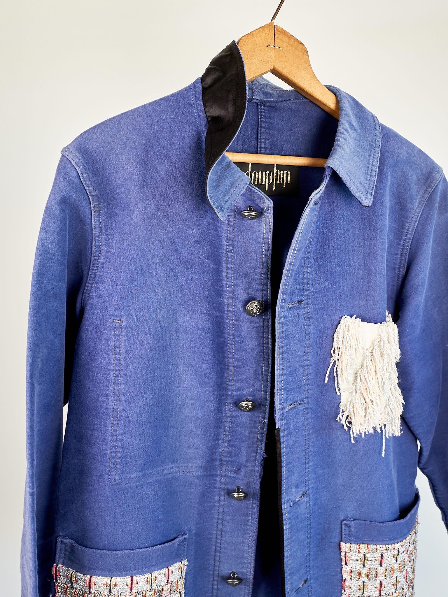 Women's Repurposed Vintage Jacket Embellished French Work Blue Tweed J Dauphin Medium