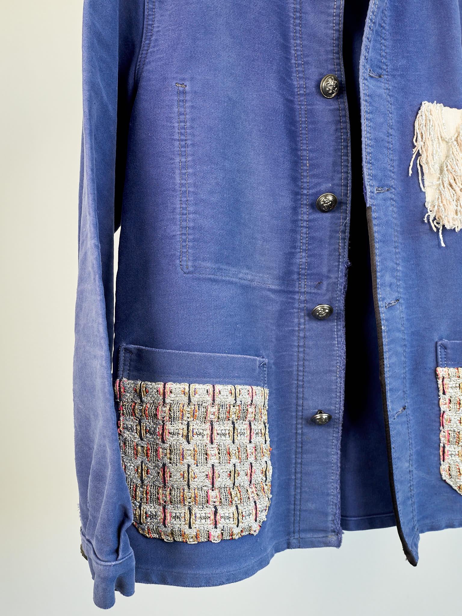 Repurposed Vintage Jacket Embellished French Work Blue Tweed J Dauphin Medium 1