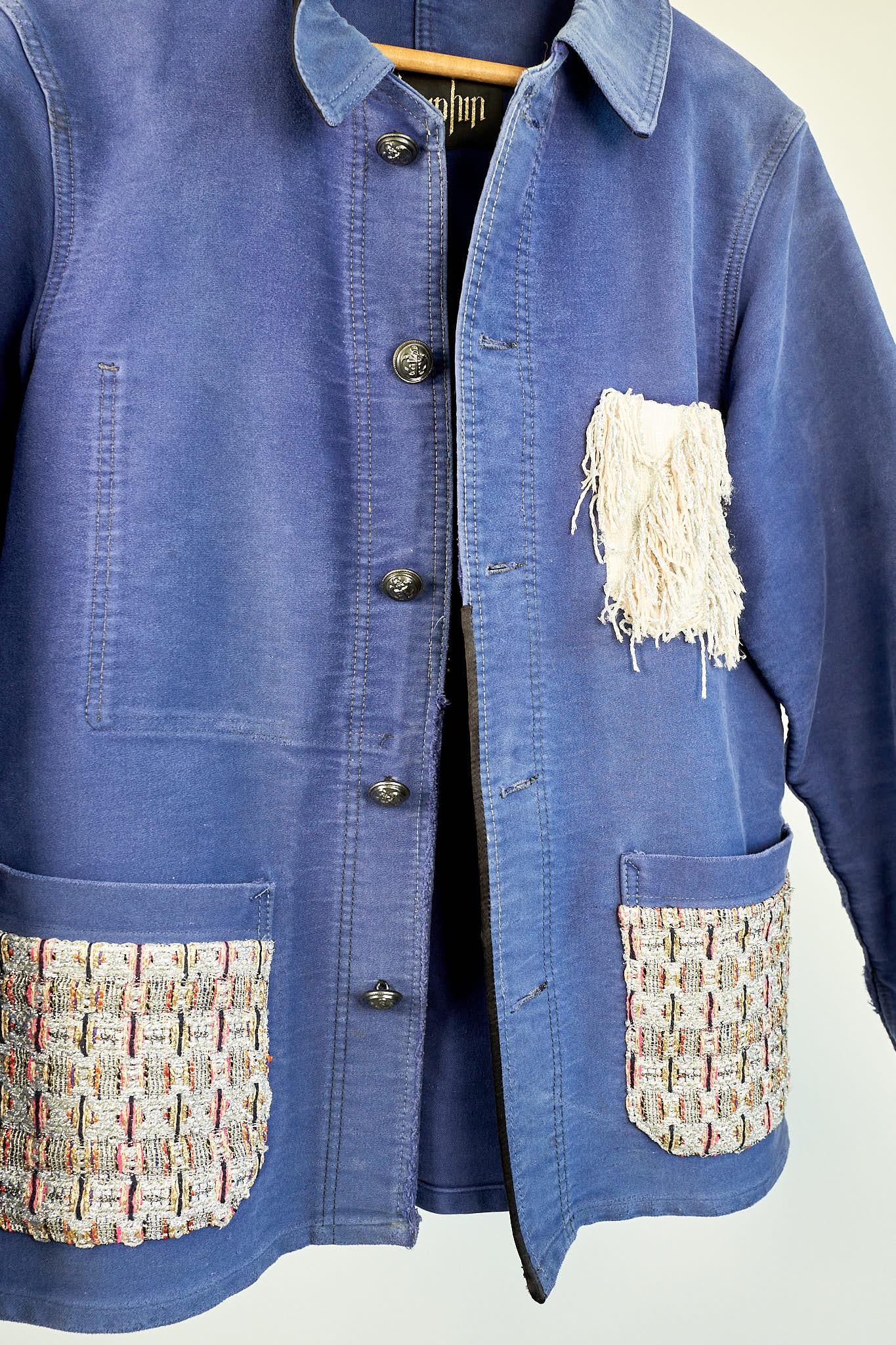 Repurposed Vintage Jacket Embellished French Work Blue Tweed J Dauphin Medium 2