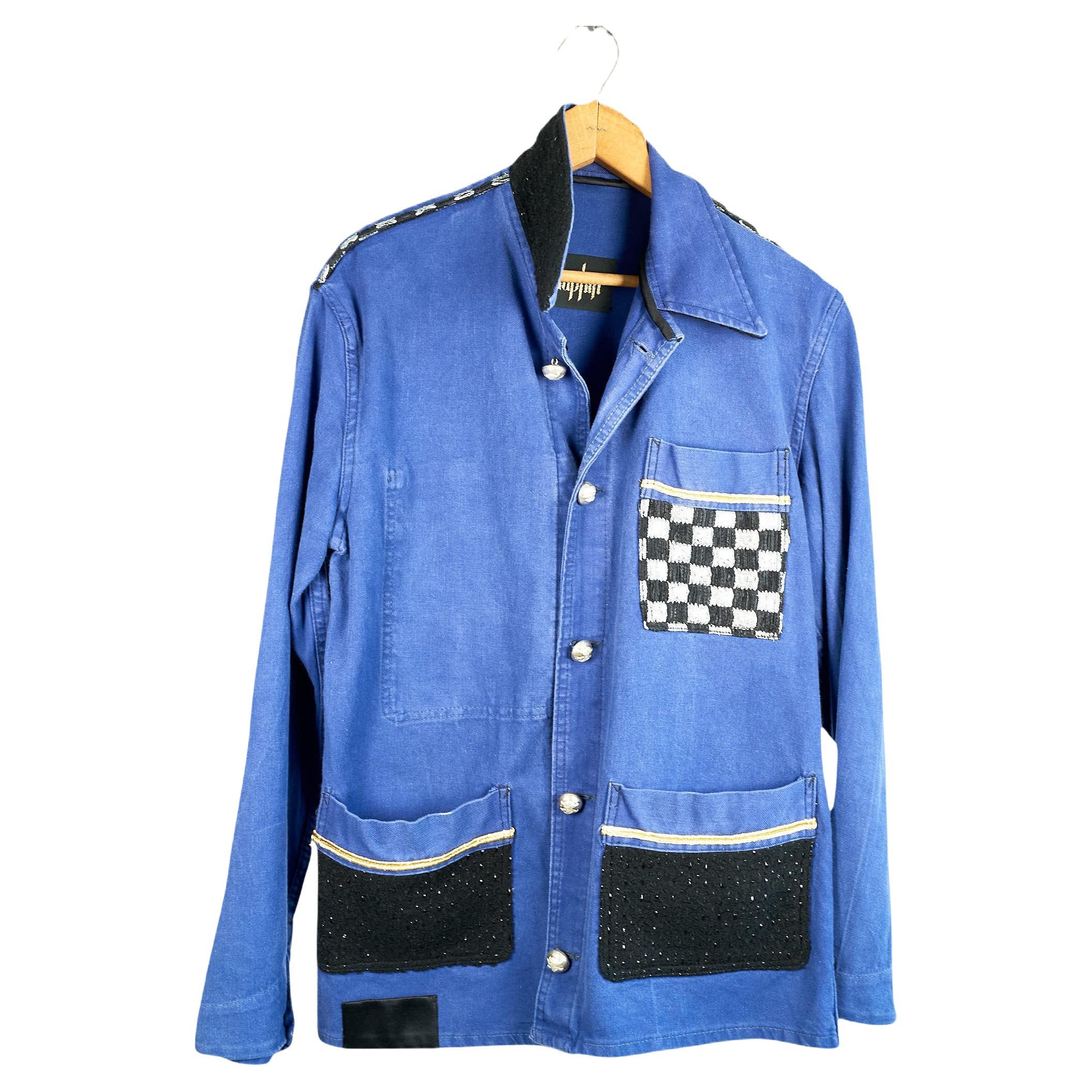 Repurposed Vintage Jacket Embellished French Work Blue Tweed J Dauphin  Small For Sale at 1stDibs