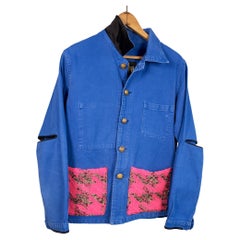 Neonfarbener und goldener Lurex-Tweed  Jacke in Französischem Blau, Vintage, mit kleinem J Dauphin