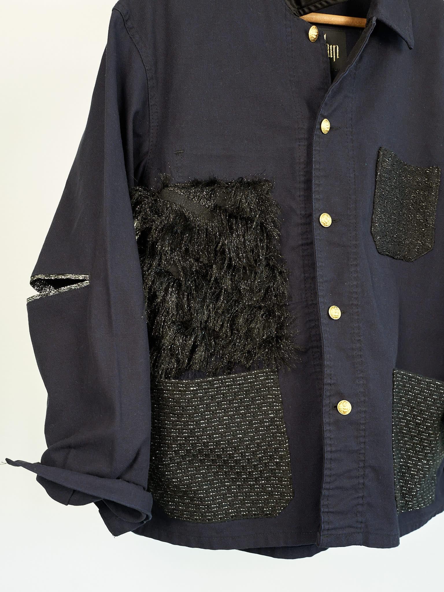Repurposed Vintage Jacket French Work Midnight Blue with Black Lurex Tweed Pockets, Black Fringes as a side patch. Open elbows.
Size: L / FR 42 / IT 44 / EU 40 / UK 12

Designer: J Dauphin
Sustainable Luxury, Collectible Vintage Upcycled and