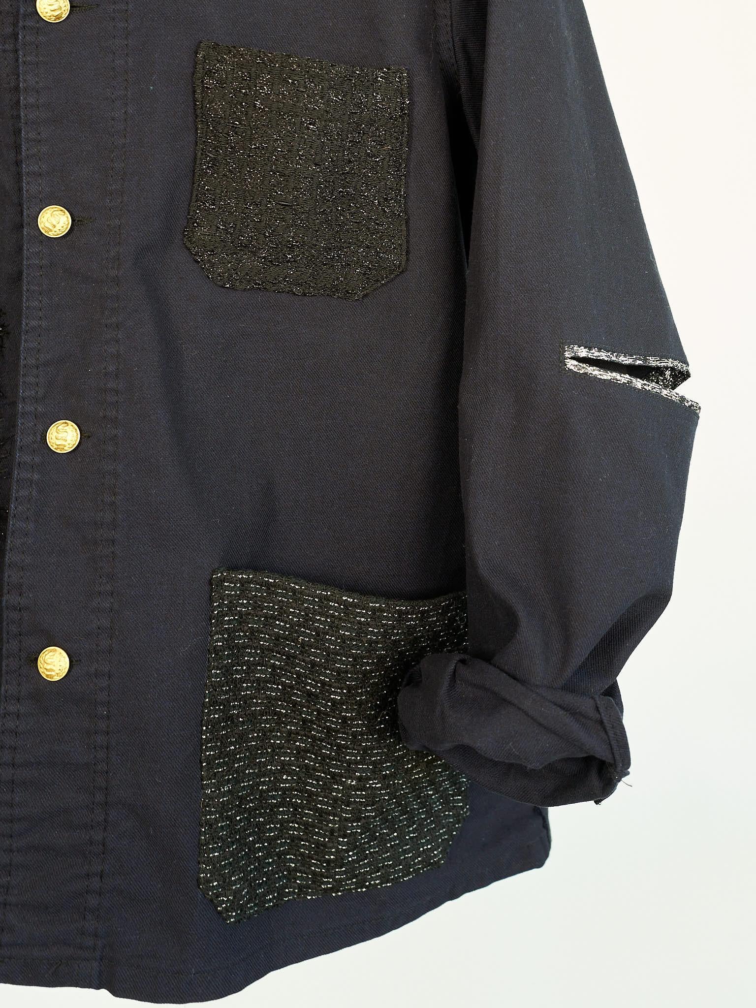 Black Fringe Tweed Jacket French Work Repurposed Vintage Dark Blue  J Dauphin