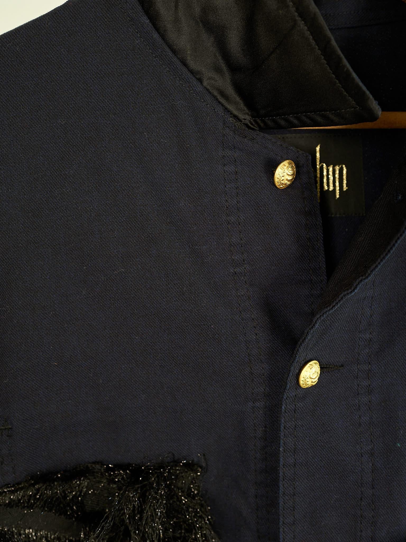 Fringe Tweed Jacket French Work Repurposed Vintage Dark Blue  J Dauphin 1