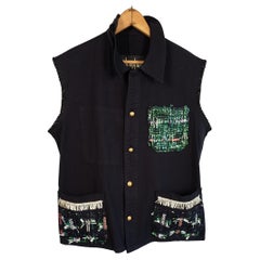 Fringe Sleeveless Jacket Vest Black Green Lurex Vintage J Dauphin Medium