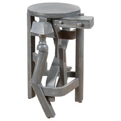 Repurposed Wood Side Table Pedestal, Found Wood and Various Materials, Painted