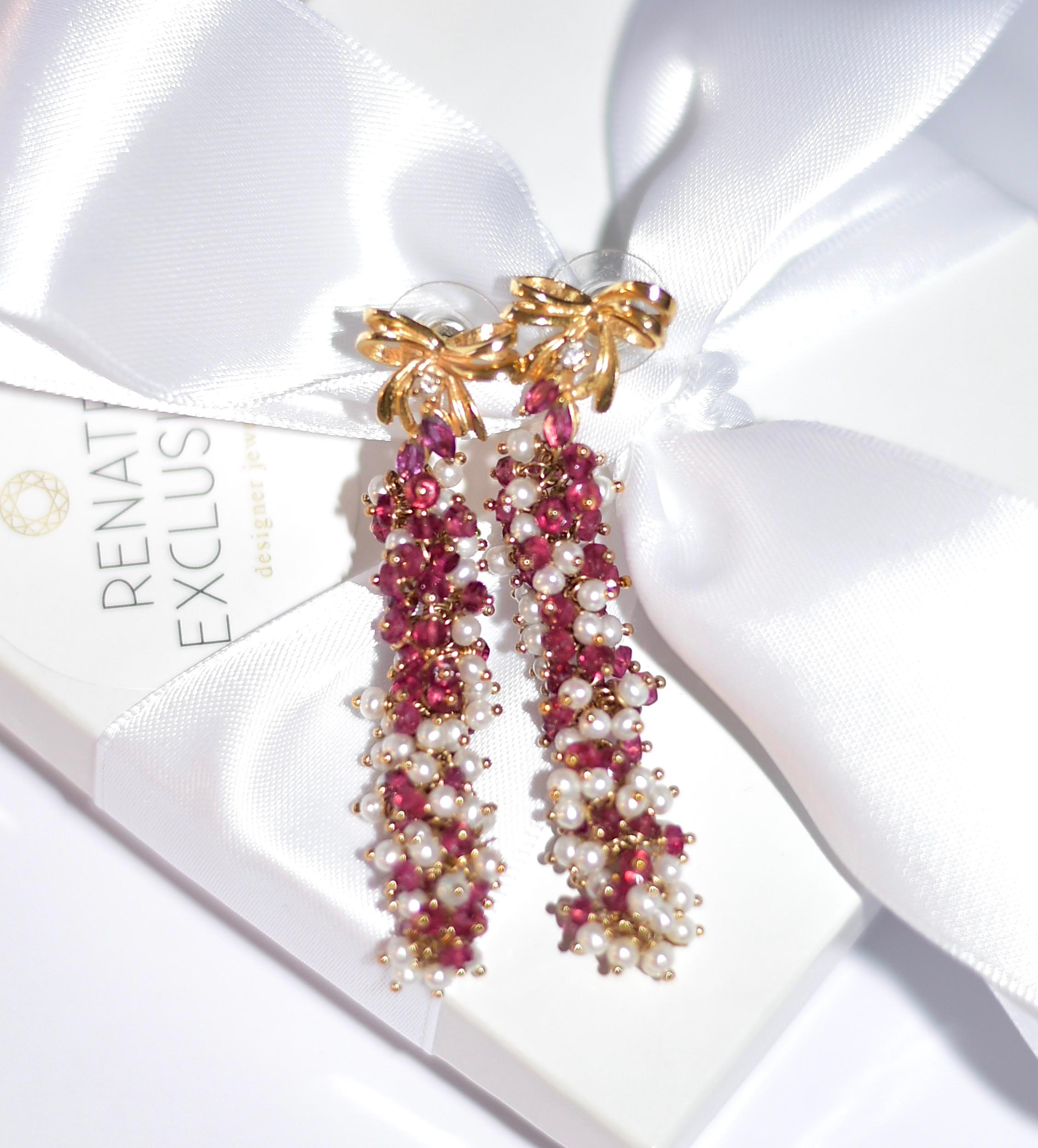 Vintage style 14k Yellow Gold Ruby Bowtie Stud Earrings With Pearls, Ruby In New Condition In Astoria, NY