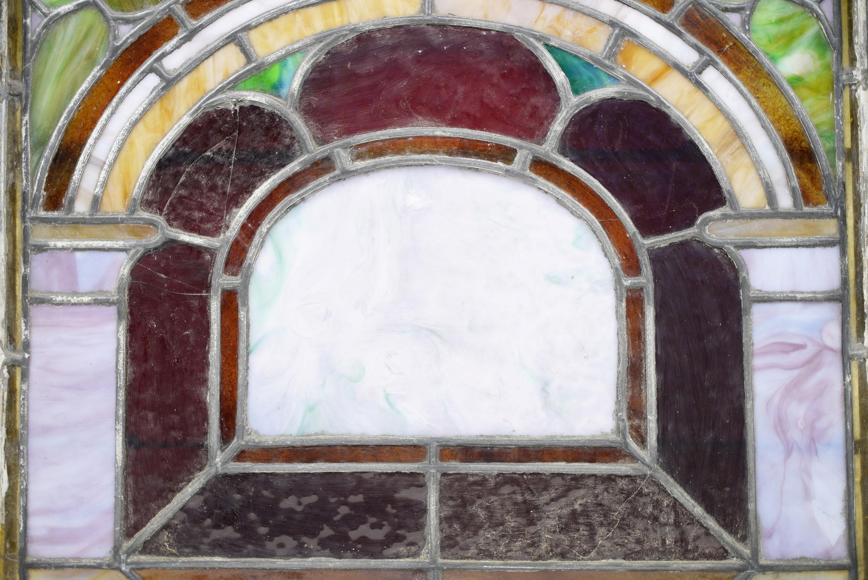 Rescued 2 Foot Square Arched Stained Glass Window In Good Condition In New York, NY