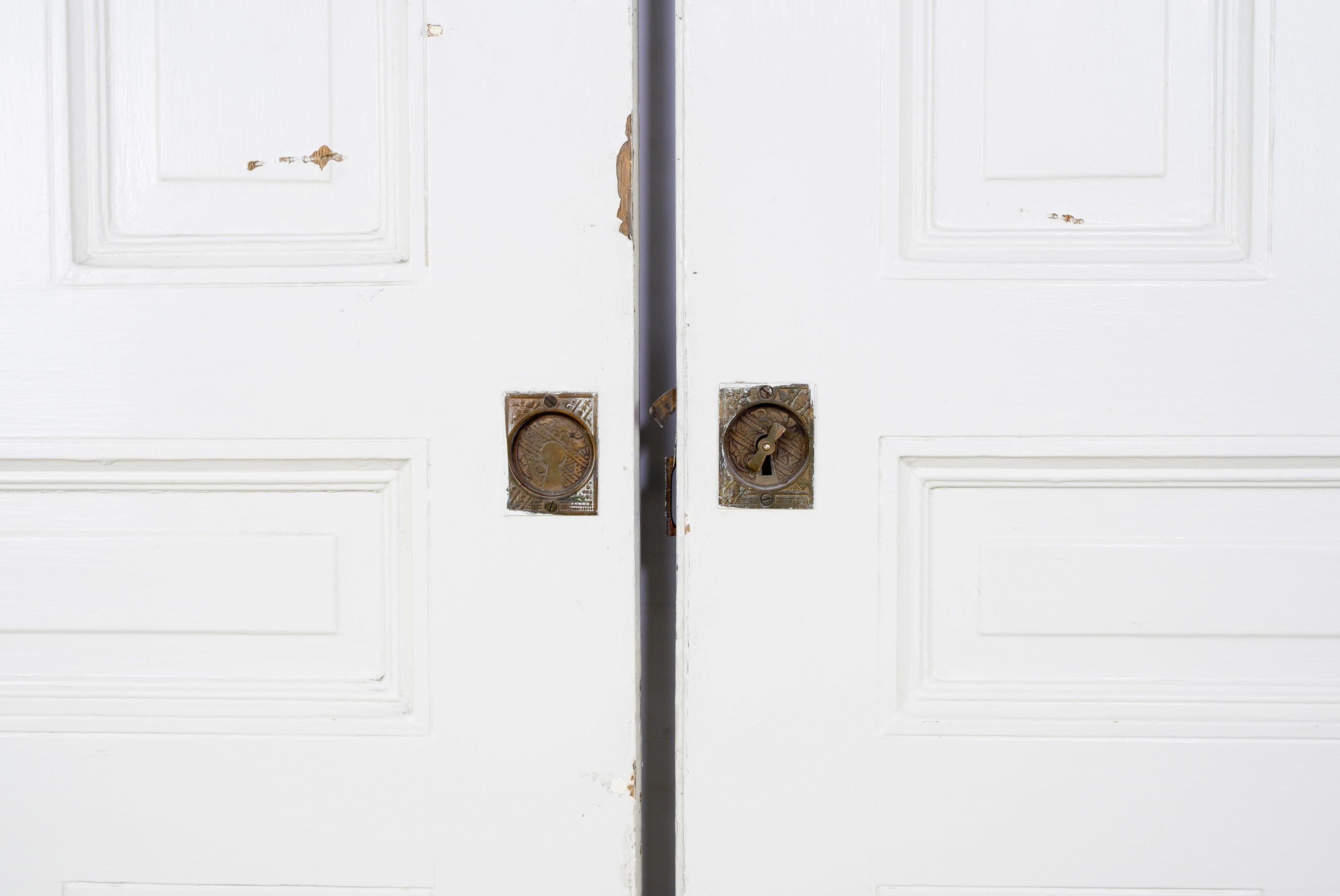 20th Century Rescued pair 5 Pane Wood Pocket Doors
