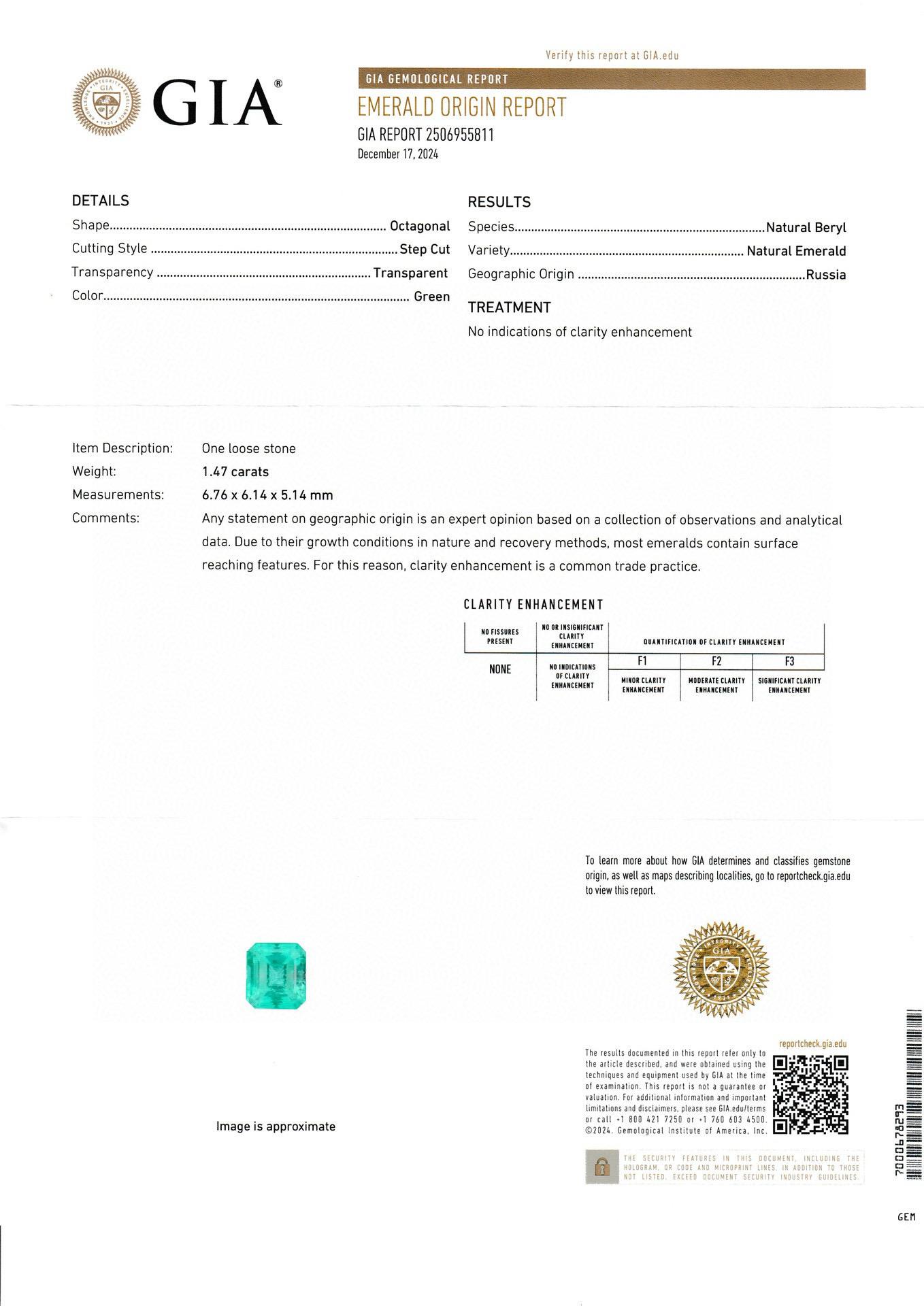 Natural Ural Emerald No Oil 
Weight : 1.47 ct
Color: Green 
Treatment : No / No oil / Untreatment 
Certified by GIA
Origins : Ural Russia 
EMA137

No-oil emeralds are among the rarest and most valuable gemstones in the world. Unlike most emeralds,