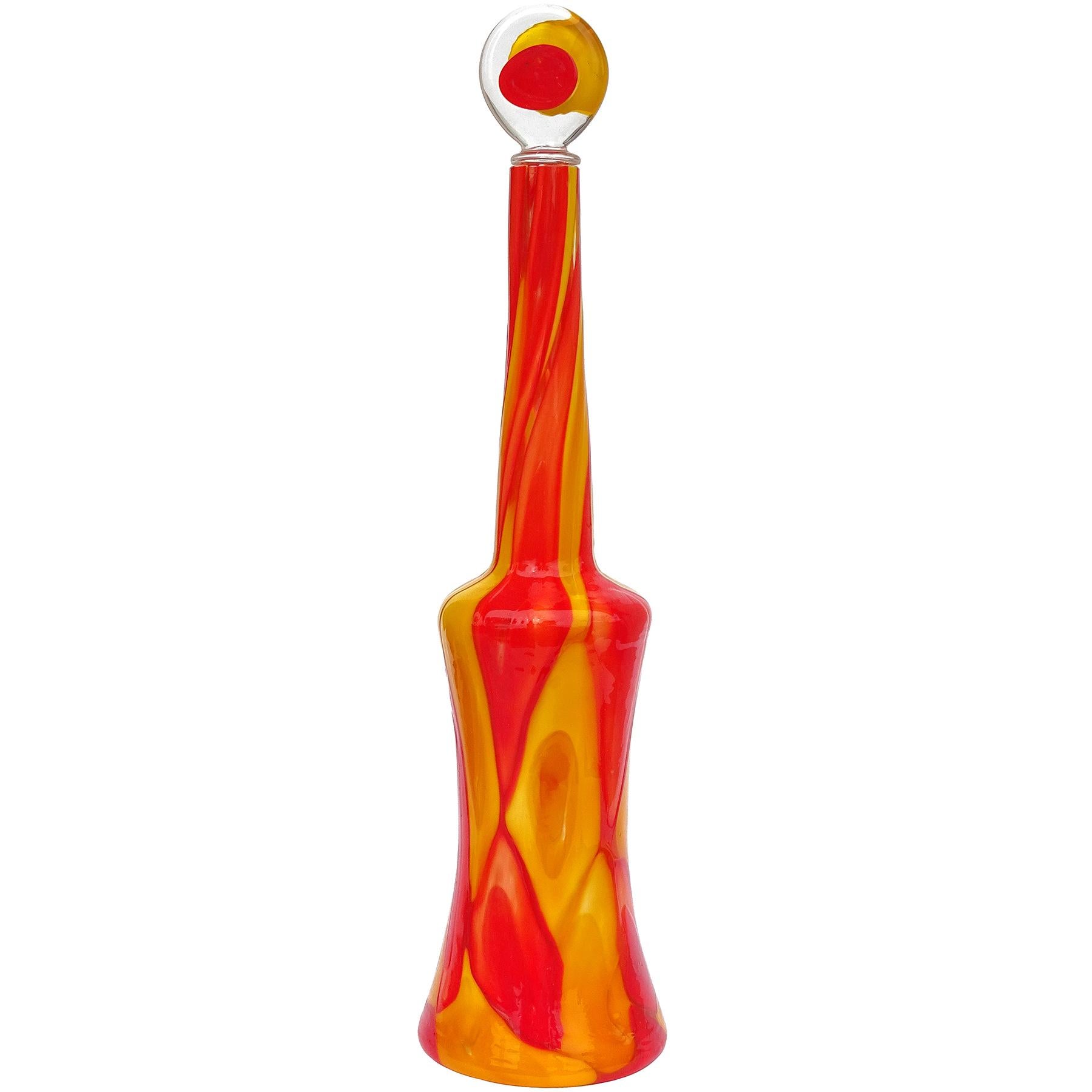 Decanter - Beautiful, tall, and very rare Murano hand blown red-orange and yellow-orange spots Italian art glass decanter with original stopper. Documented to designer Ermanno Toso for the Fratelli Toso company, circa 1962. The drawing of this piece