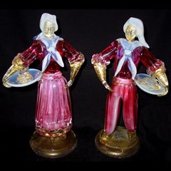 Reserved for Sue - Opalescent Woman and Man Figures Holding Fruit and Fish