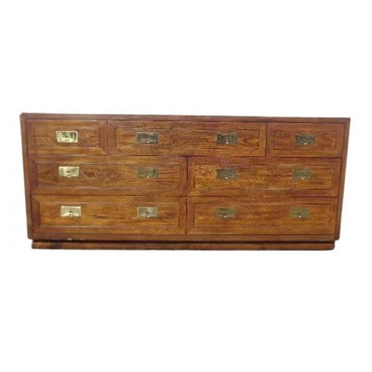 Vintage campaign style dresser by Henredon Scene One collection. Henredon is for those who value excellence. Professionally lacquered, features a rectangular top above three aligned over two rows of two aligned dovetailed drawers. The fronts are