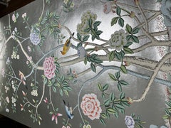 Reserved Order: Chinoiserie Panel Hand Painted Wallpaper on Silver Metallic