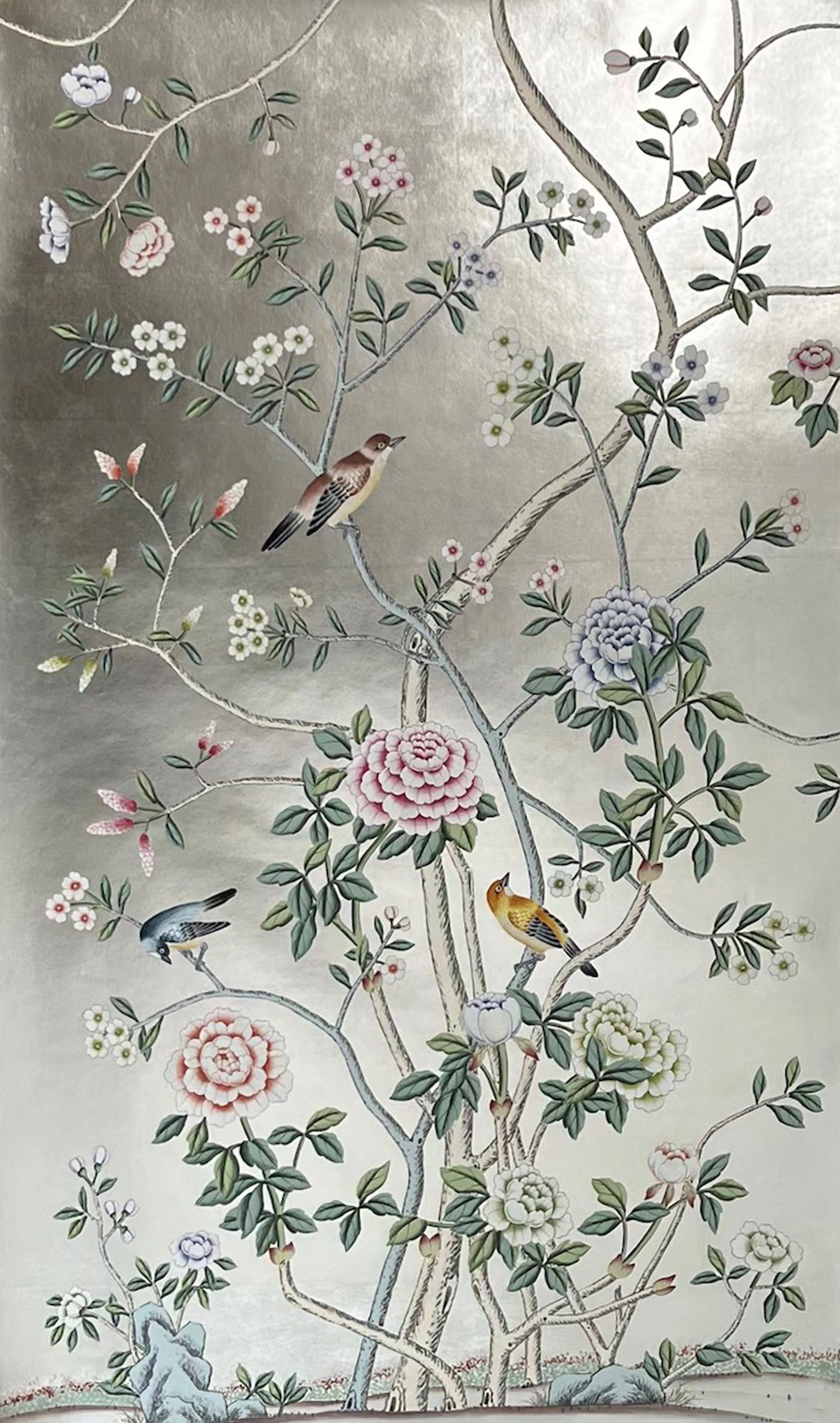 Reserved Order: Chinoiserie Panel Hand Painted Wallpaper on Silver Metallic