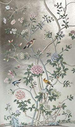 Reserved Order: Chinoiserie Panel Hand Painted Wallpaper on Silver Metallic