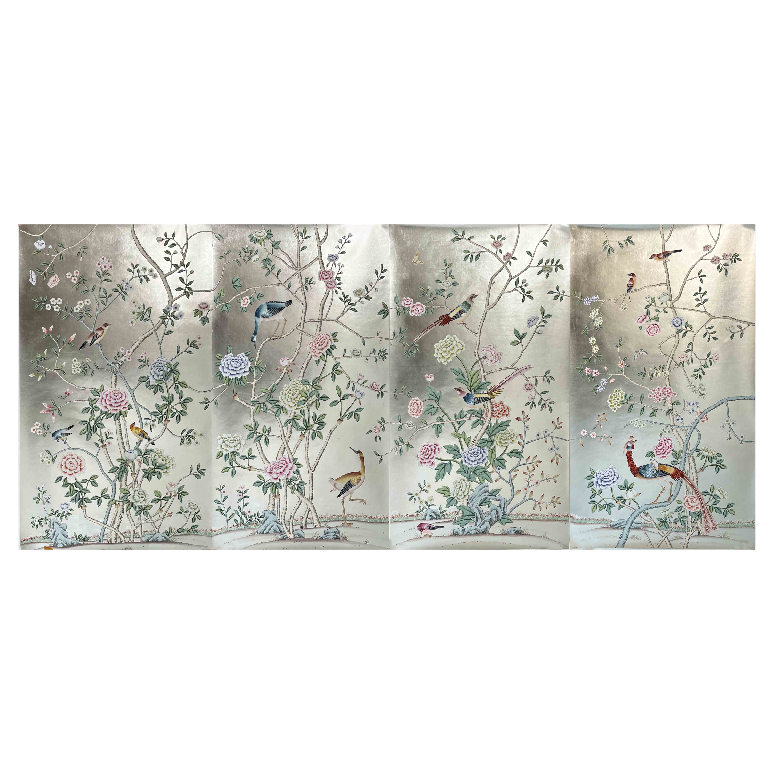 Pedido Reservado; Papel Pintado Chinoiserie Panel Pintado a Mano sobre Plateado Metálico en venta