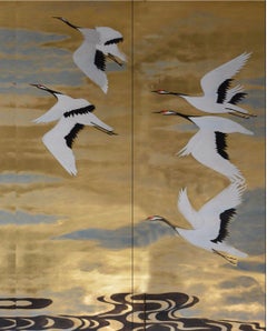 Reserved Order: Cranes Hand Painted Wallpaper on Antiqued Gold Metallic