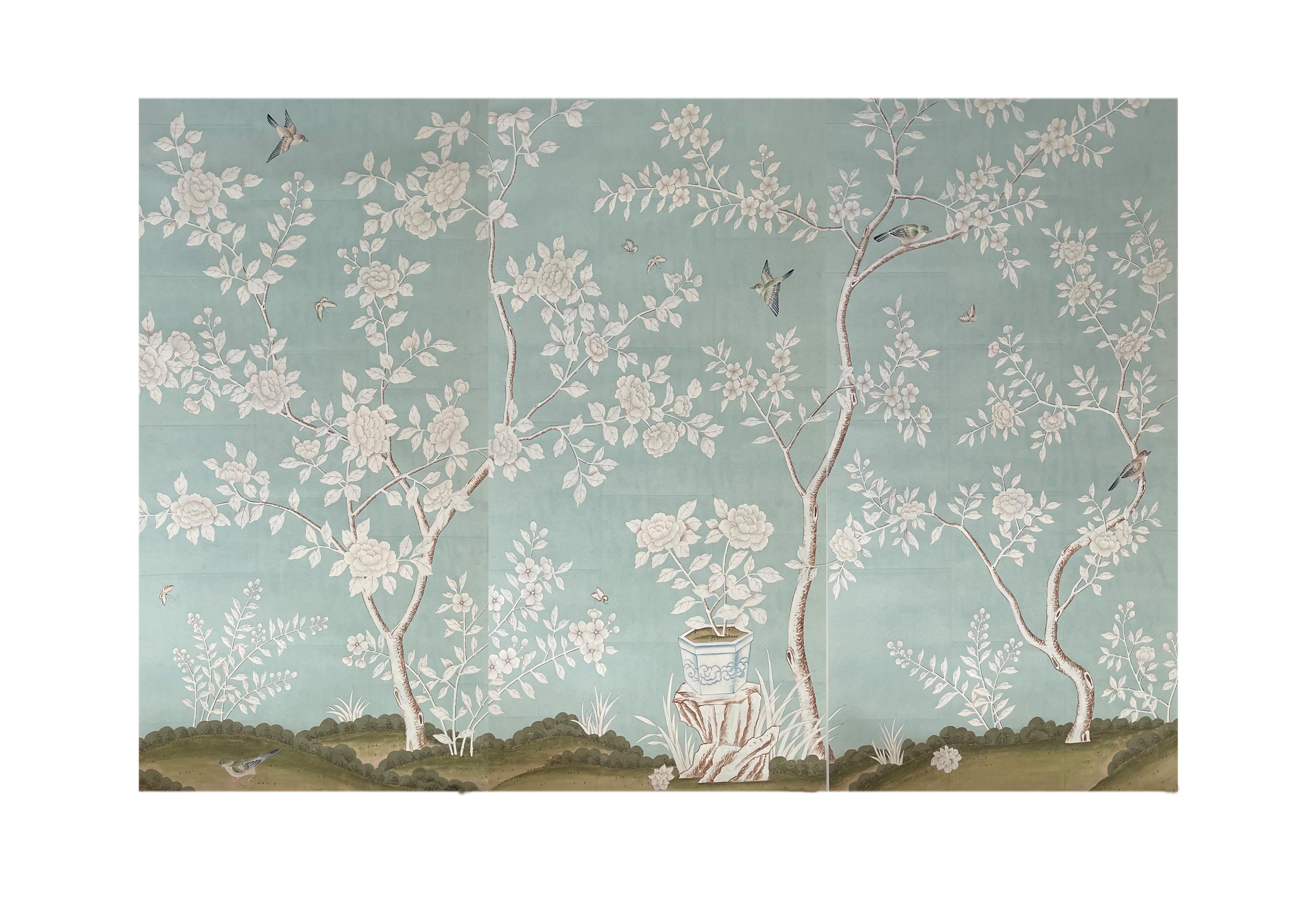 Reserved order: Hand painted Chinoiserie wallpaper on blue tea paper For Sale