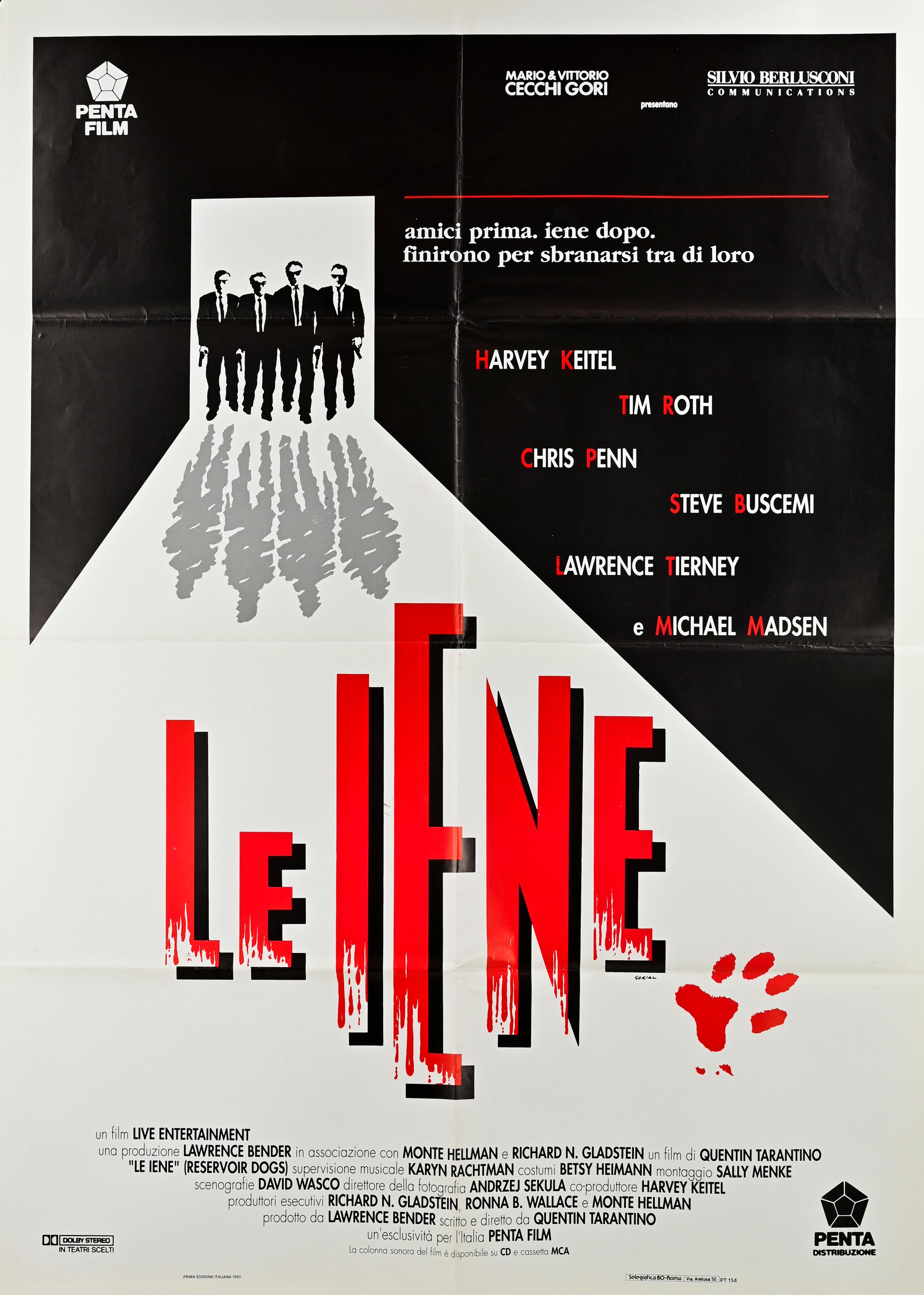 Vintage By Poster

Regie: Quentin Tarantino, in den Hauptrollen Harvey Keitel, Tim Roth, Steve Buscemi, Michael Madsen. Auffallend minimalistisches italienisches Design mit schwarzer, weißer und roter Farbpalette und stilisierten Silhouetten.