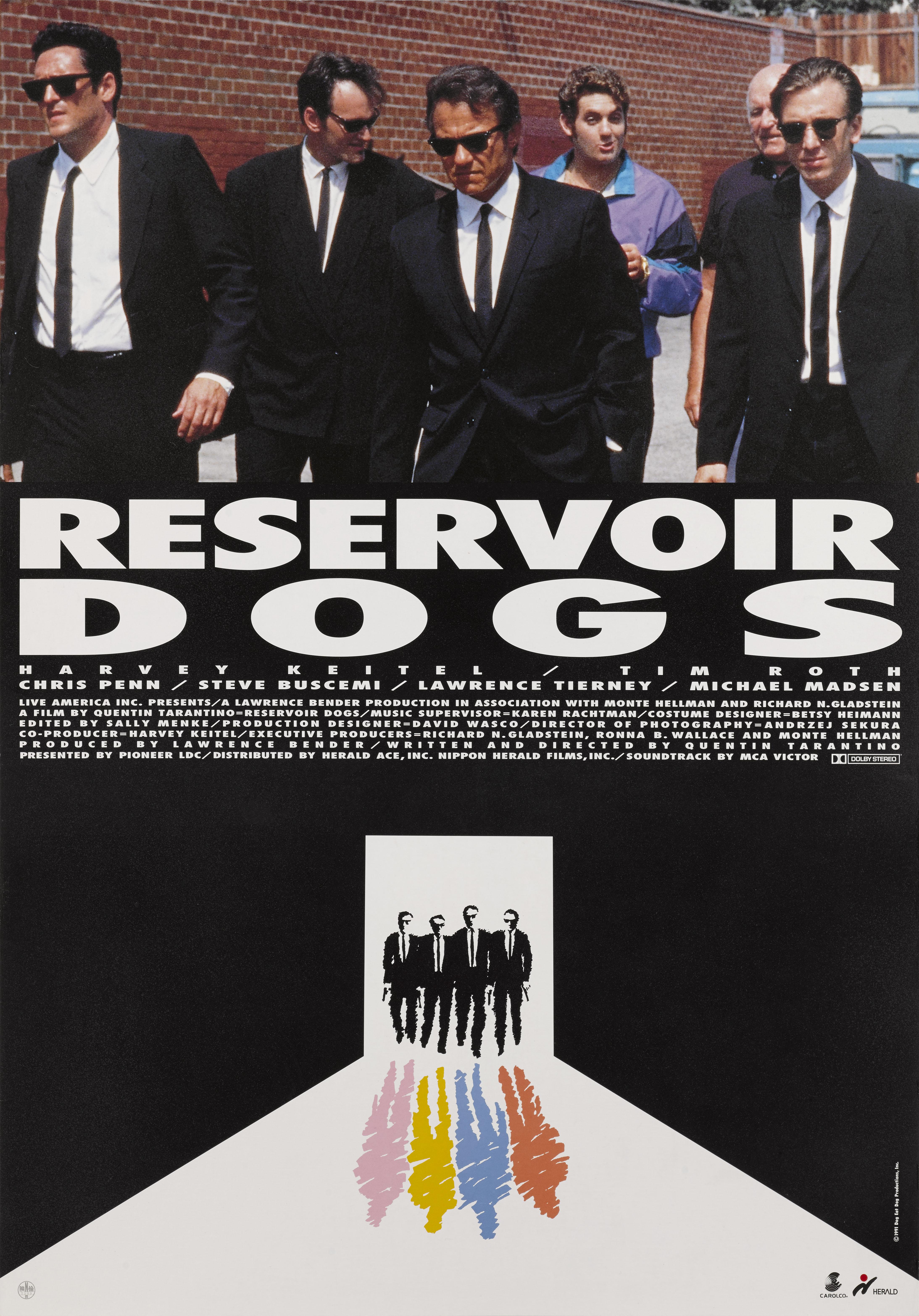 Original Japanese film poster for Quentin Tarantino's fist film Reservoir Dogs 1992.
The artwork on this Japanese poster was used for the Cannes Film Festival poster and is very different to the regular US poster.
 
 